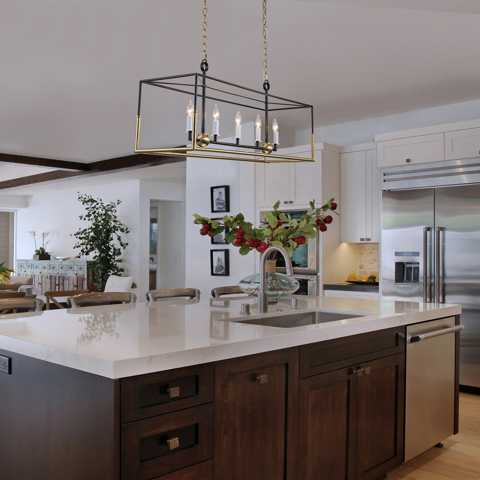 Glowlings 5-Light Modern 43"Wide Antiqued Brass and Black Large Rectangular Linear Chandelier