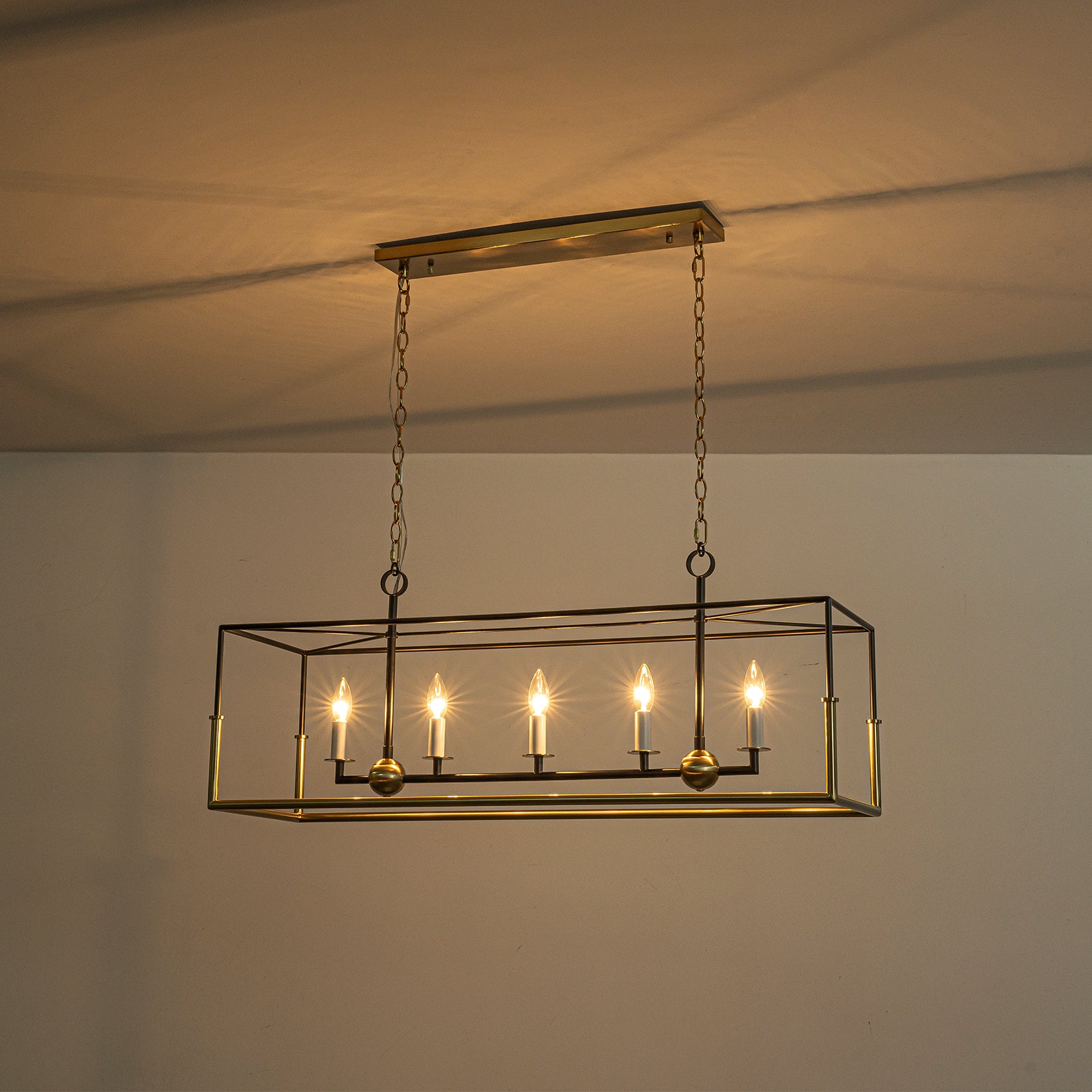 Glowlings 5-Light Modern 43"Wide Antiqued Brass and Black Large Rectangular Linear Chandelier