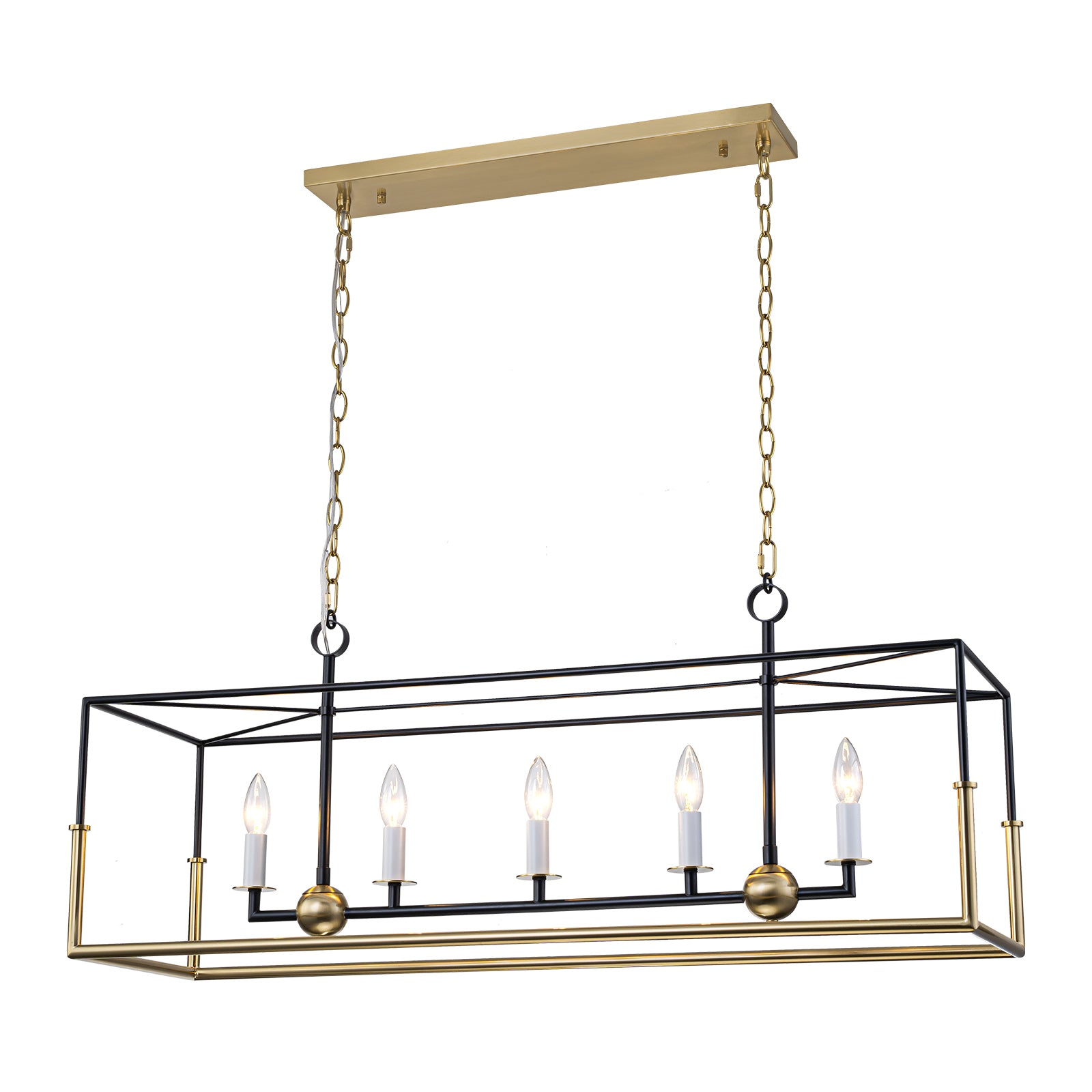 Glowlings 5-Light Modern 43"Wide Antiqued Brass and Black Large Rectangular Linear Chandelier