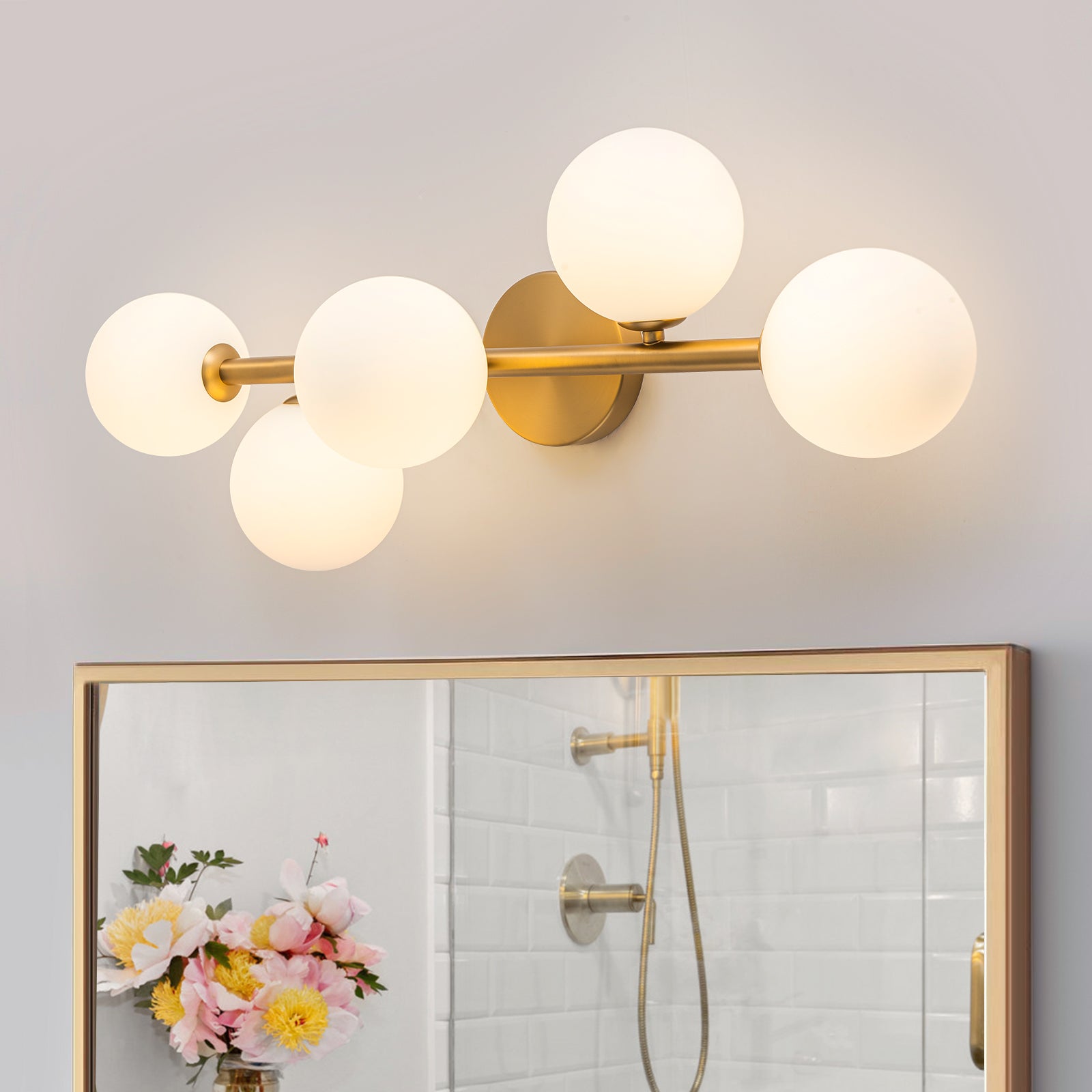 Glowlings 5-Light Modern 26"Wide Brass Sputnik Opal Glass Globe Linear Semi Flush Mount