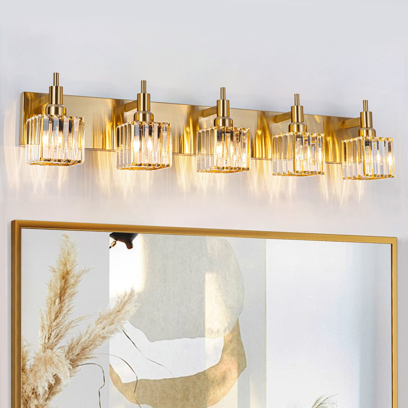 Glowlings 3/4/5-Light Modern Brass Square Crystal Bathroom Vanity Light fixture Over Mirror