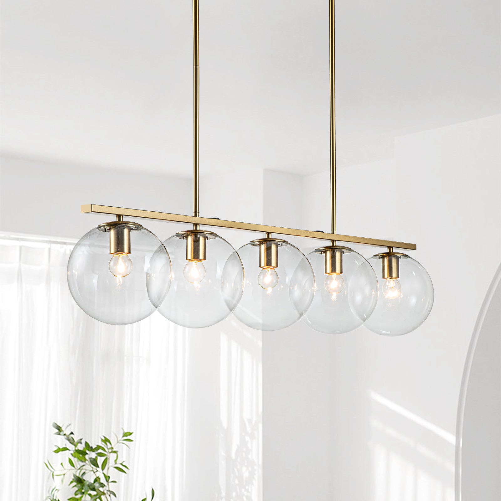 Brass 5 Light Glass Globe Linear Pendant LightFixturesUSA Bubble Kitchen Island Light Modern Globe Island Chandelier Clear Glass Globe
