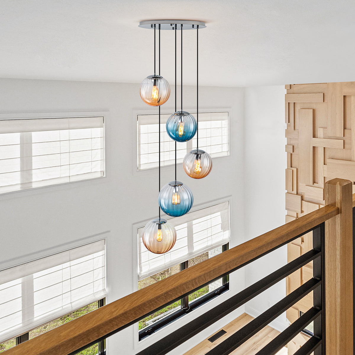 Glowlings 5-Light Modern Cluster Globe Adjustable Spiral Hanging Pendant Light, Ribbed Amber & Blue Gradient Glass Chandelier