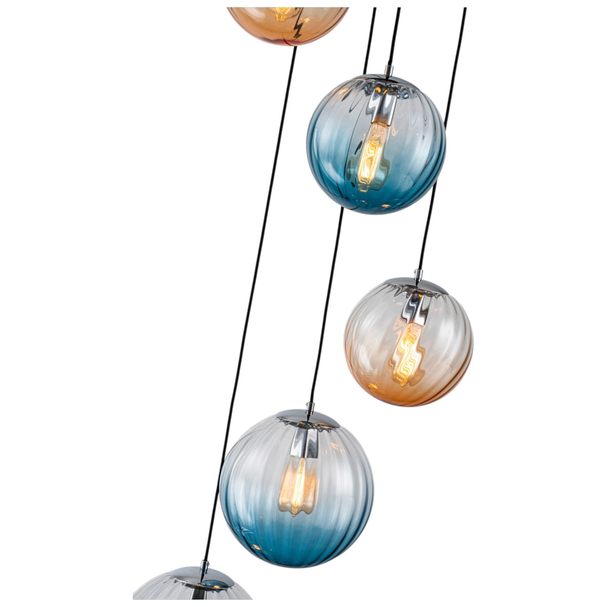 Glowlings 5-Light Modern Cluster Globe Adjustable Spiral Hanging Pendant Light, Ribbed Amber & Blue Gradient Glass Chandelier