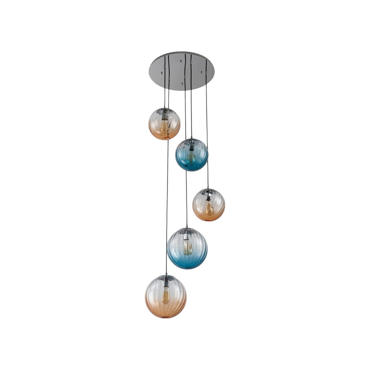 Glowlings 5-Light Modern Cluster Globe Adjustable Spiral Hanging Pendant Light, Ribbed Amber & Blue Gradient Glass Chandelier