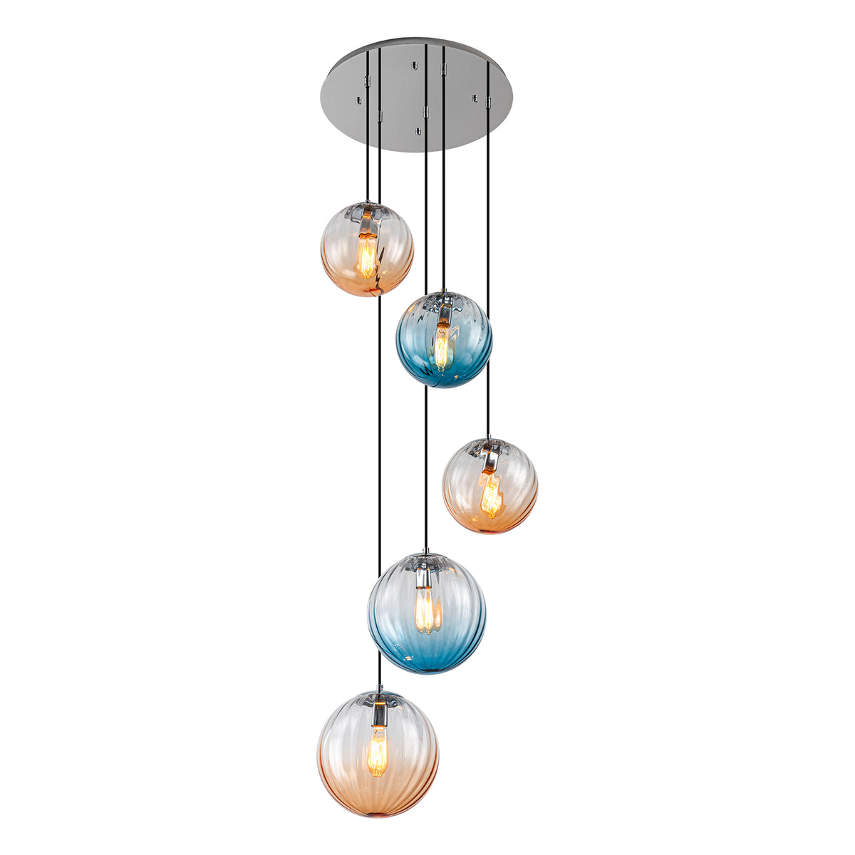 Glowlings 5-Light Modern Cluster Globe Adjustable Spiral Hanging Pendant Light, Ribbed Amber & Blue Gradient Glass Chandelier