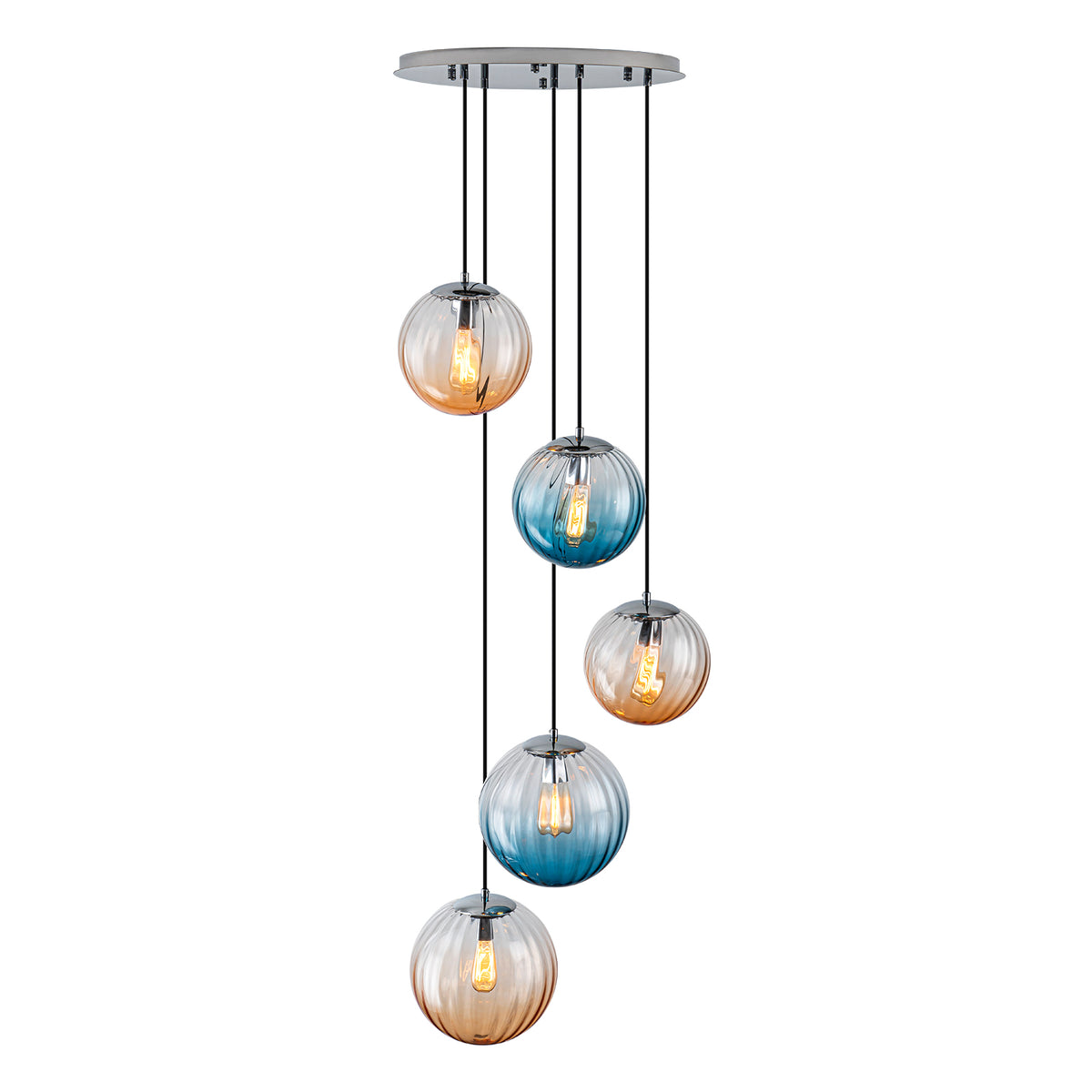 Glowlings 5-Light Modern Cluster Globe Adjustable Spiral Hanging Pendant Light, Ribbed Amber & Blue Gradient Glass Chandelier