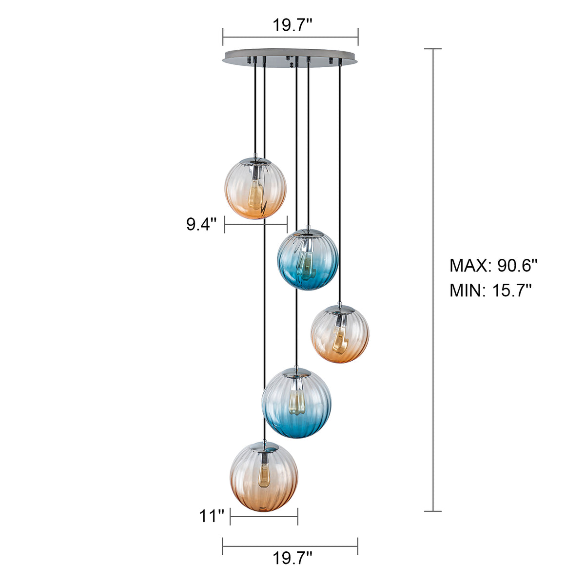 Glowlings 5-Light Modern Cluster Globe Adjustable Spiral Hanging Pendant Light, Ribbed Amber & Blue Gradient Glass Chandelier