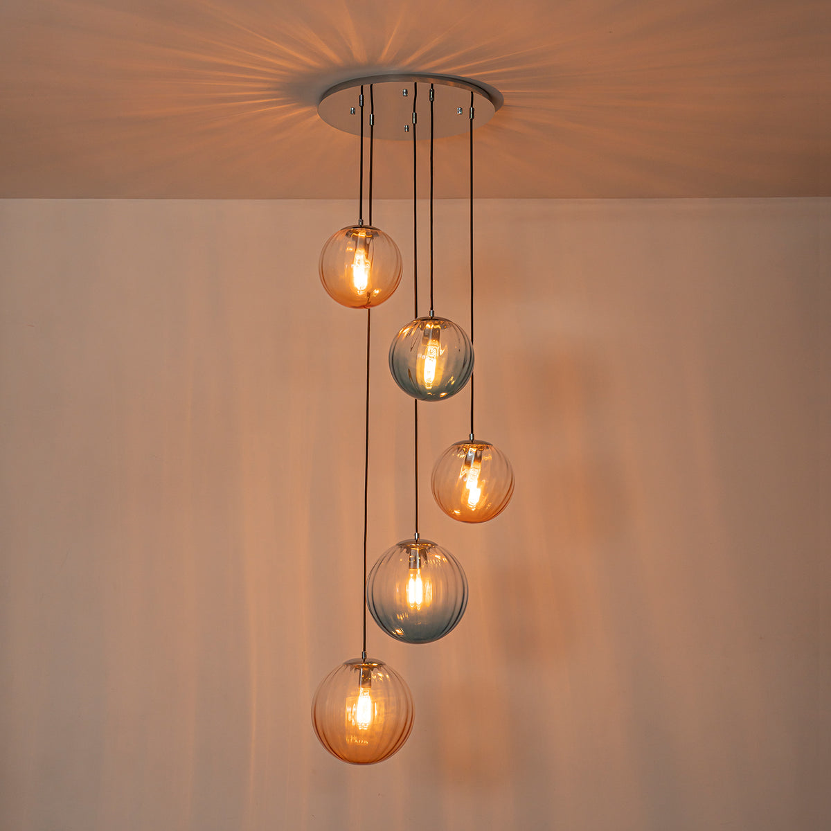 Glowlings 5-Light Modern Cluster Globe Adjustable Spiral Hanging Pendant Light, Ribbed Amber & Blue Gradient Glass Chandelier