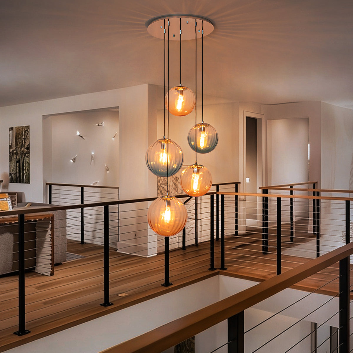 Glowlings 5-Light Modern Cluster Globe Adjustable Spiral Hanging Pendant Light, Ribbed Amber & Blue Gradient Glass Chandelier