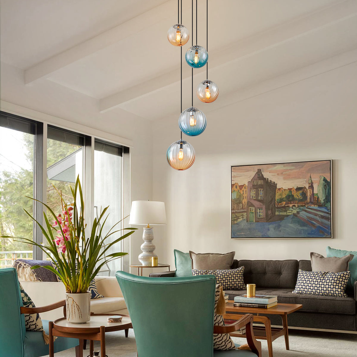 Glowlings 5-Light Modern Cluster Globe Adjustable Spiral Hanging Pendant Light, Ribbed Amber & Blue Gradient Glass Chandelier