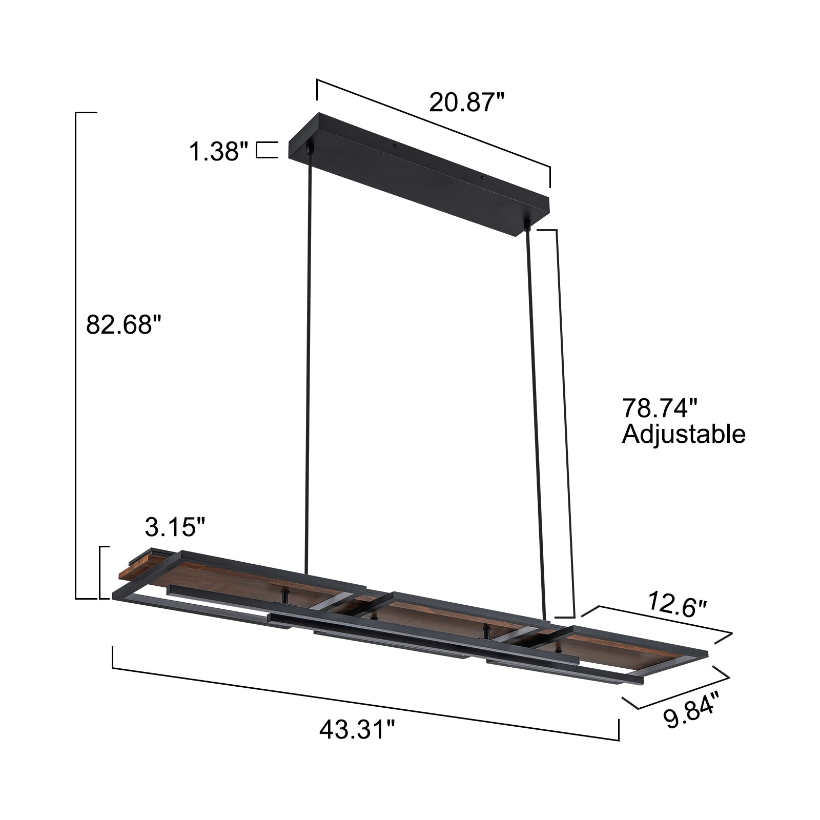 Glowlings 5-Light Modern 43"Wide Dark Walnut Rectangle LED Wood Pendant Light