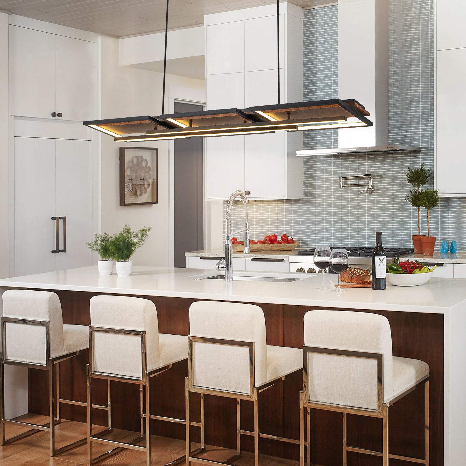 Glowlings 5-Light Modern 43"Wide Dark Walnut Rectangle LED Wood Pendant Light