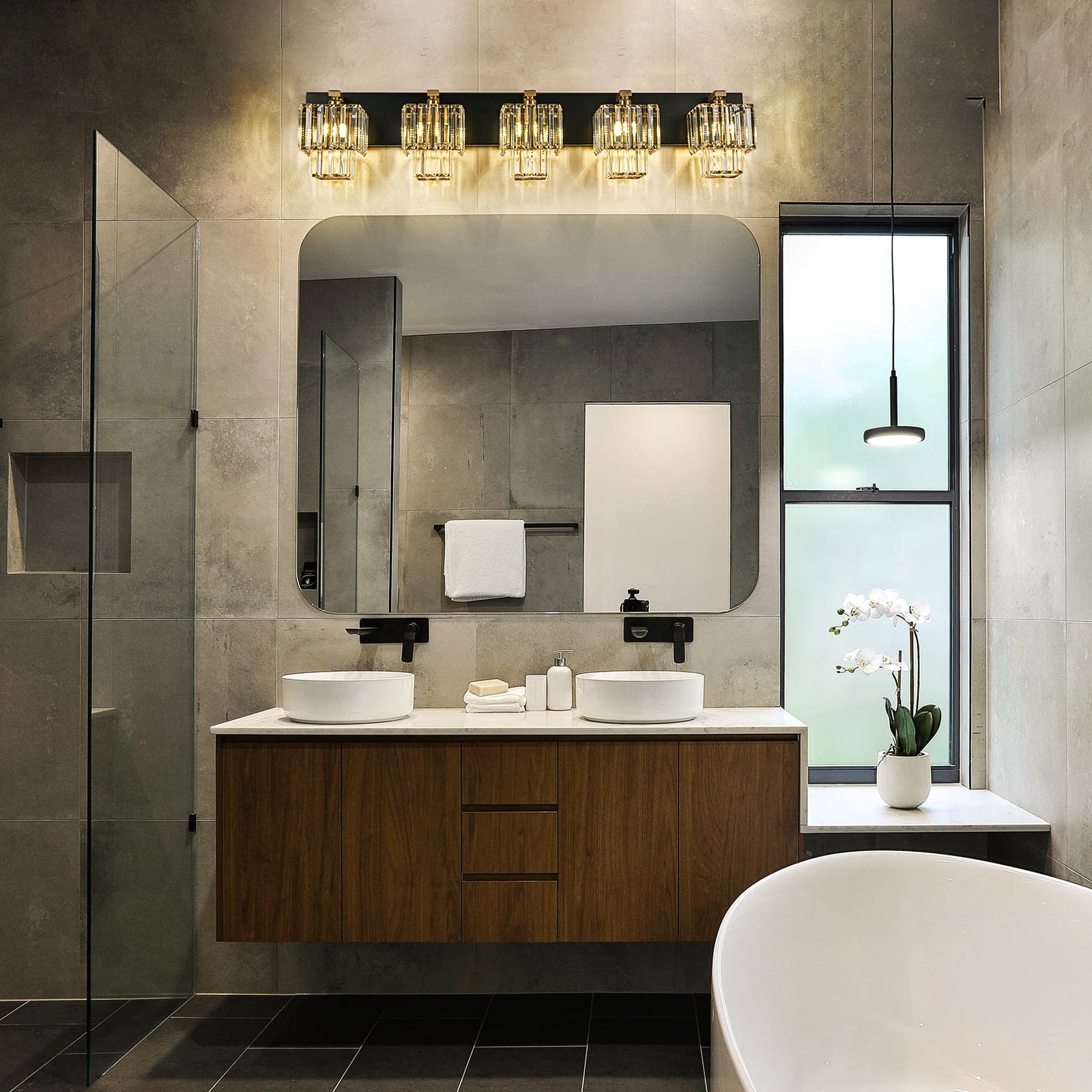 Glowlings 4/5-Light Modern Dimmable 2-Tier Crystal Bathroom Vanity Light