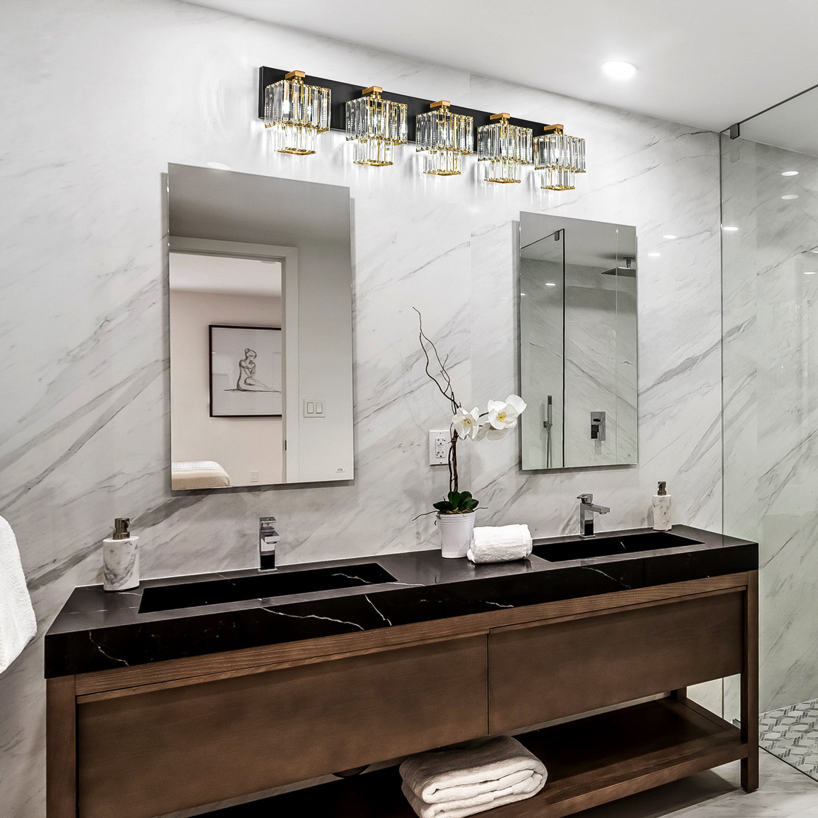 Glowlings 4/5-Light Modern Dimmable 2-Tier Crystal Bathroom Vanity Light