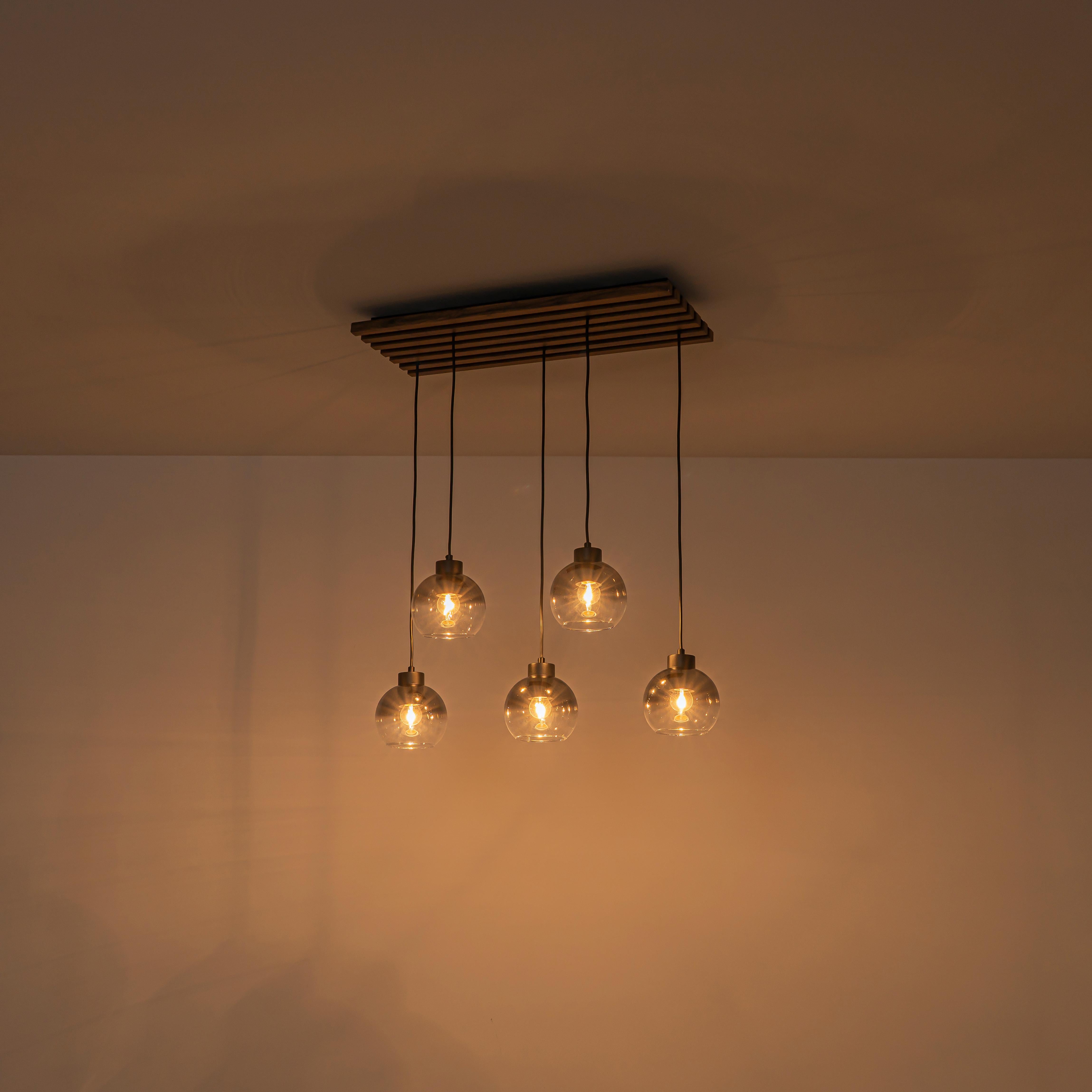Glowlings 5-Light Modern Farmhouse Linear Wood Pendant Light Island Chandelier with Smoky Glass Globe Shades