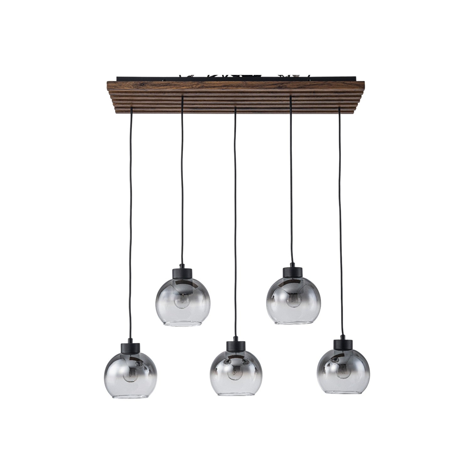 Glowlings 5-Light Modern Farmhouse Linear Wood Pendant Light Island Chandelier with Smoky Glass Globe Shades
