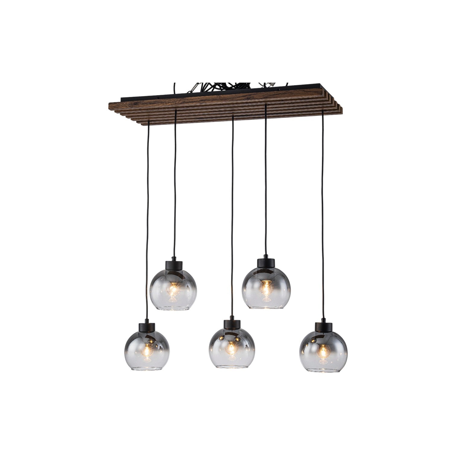 Glowlings 5-Light Modern Farmhouse Linear Wood Pendant Light Island Chandelier with Smoky Glass Globe Shades
