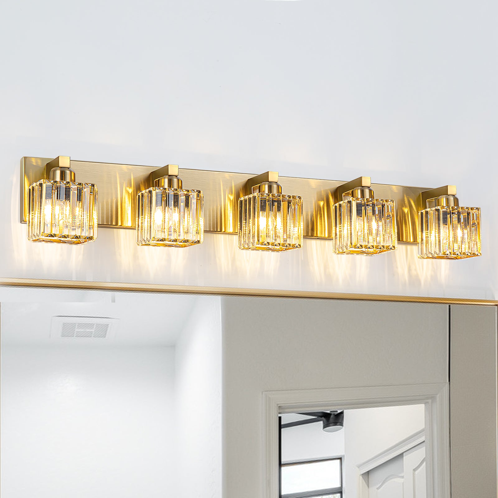 Glowlings 3/4/5-Light Modern Gold Square Crystal Bathroom Vanity Light Bathroom Light Fixtures Over Mirror