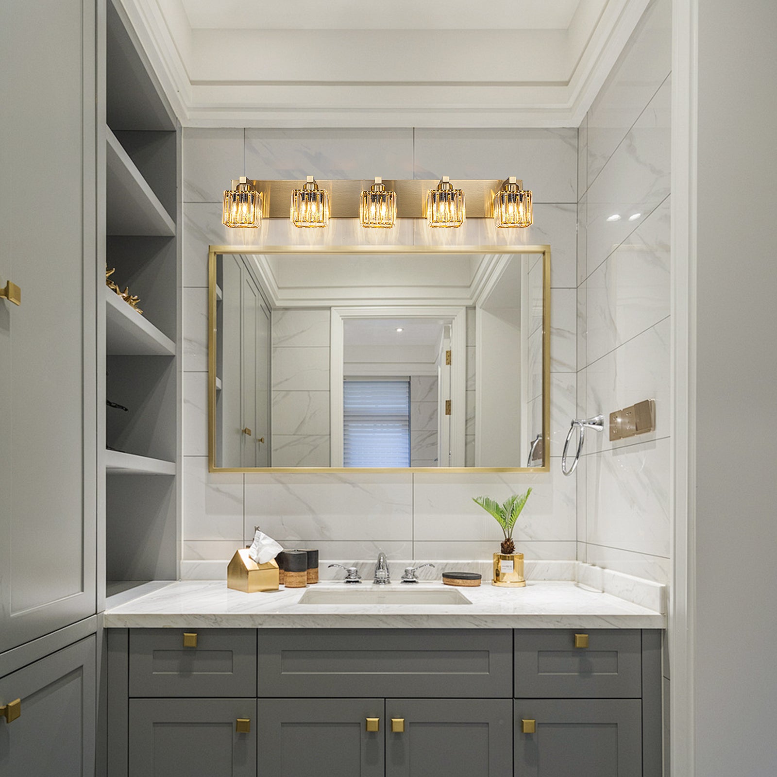 Glowlings 3/4/5-Light Modern Gold Square Crystal Bathroom Vanity Light Bathroom Light Fixtures Over Mirror