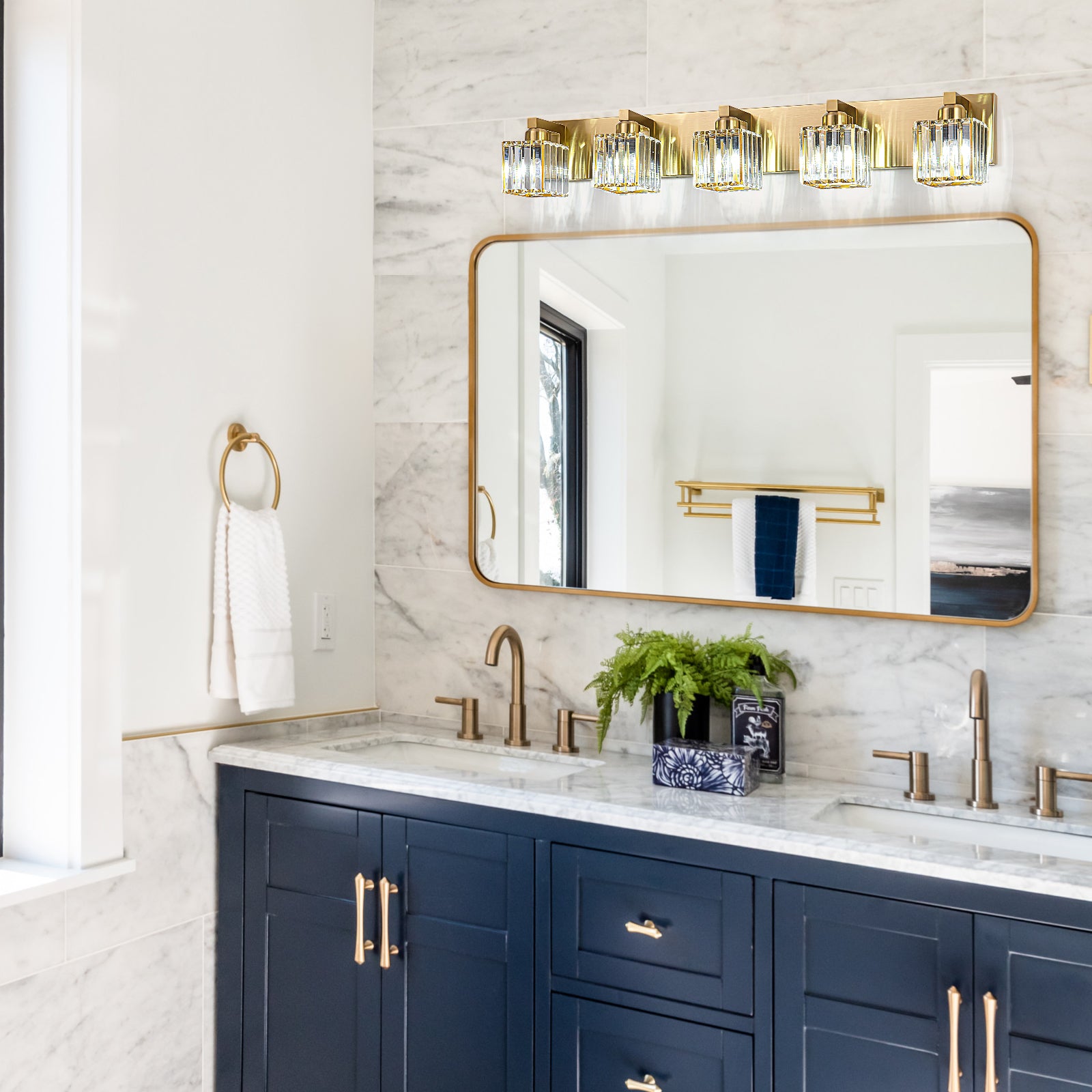 Glowlings 3/4/5-Light Modern Gold Square Crystal Bathroom Vanity Light Bathroom Light Fixtures Over Mirror