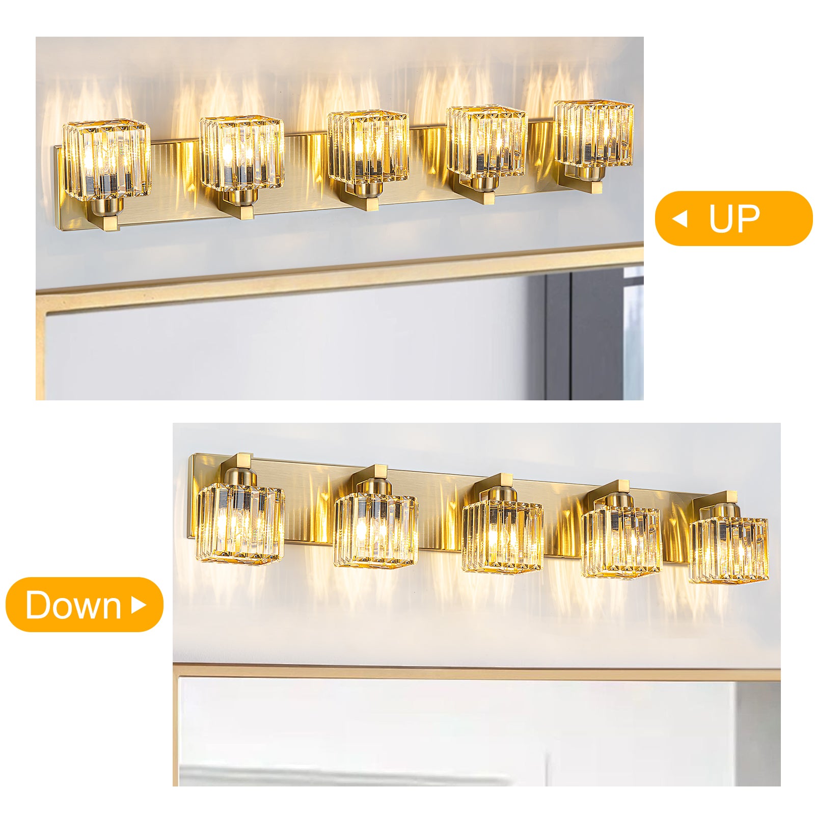 Glowlings 3/4/5-Light Modern Gold Square Crystal Bathroom Vanity Light Bathroom Light Fixtures Over Mirror