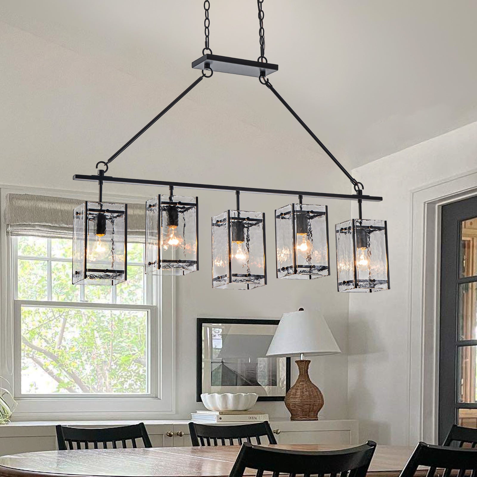 Glowlings 5-Light Modern Kitchen Island Chandelier, Matte Black Linear Pendant Light with Handblown Water Ripple Glass