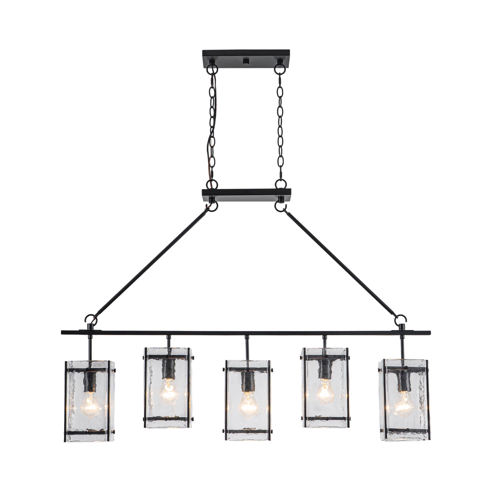 Glowlings 5-Light Modern Kitchen Island Chandelier, Matte Black Linear Pendant Light with Handblown Water Ripple Glass