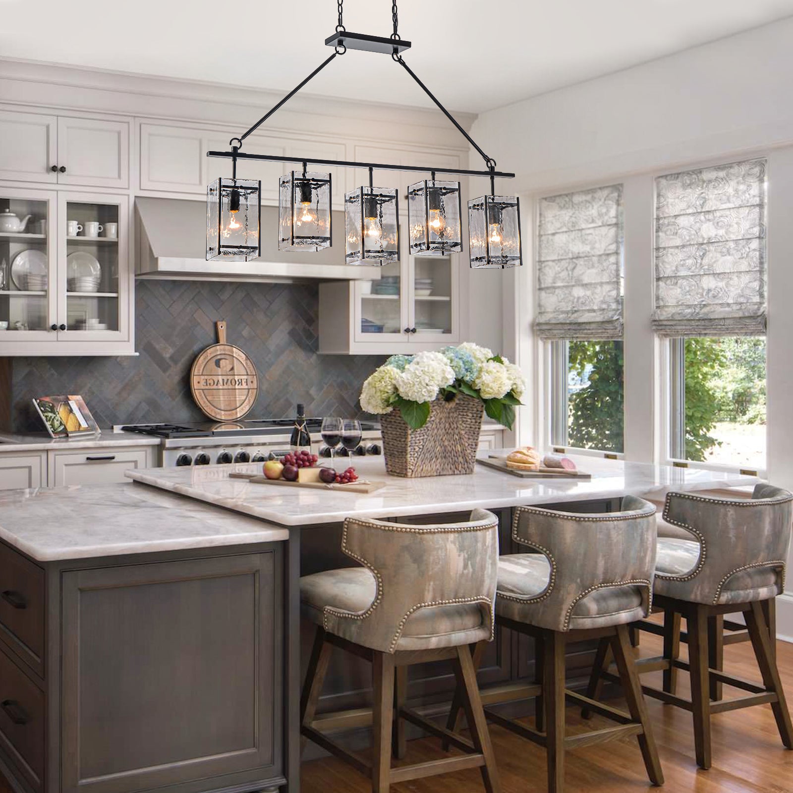 Glowlings 5-Light Modern Kitchen Island Chandelier, Matte Black Linear Pendant Light with Handblown Water Ripple Glass