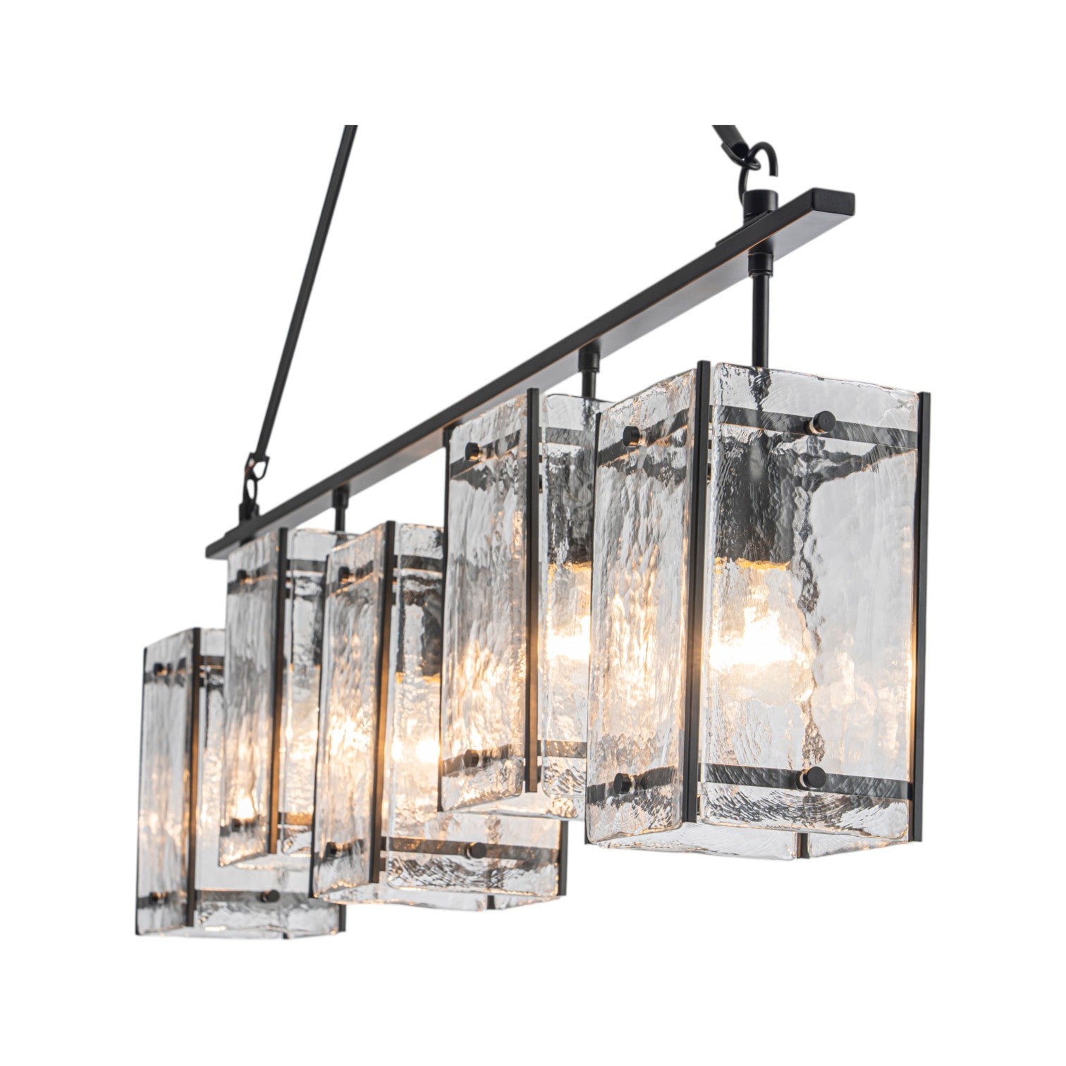 Glowlings 5-Light Modern Kitchen Island Chandelier, Matte Black Linear Pendant Light with Handblown Water Ripple Glass