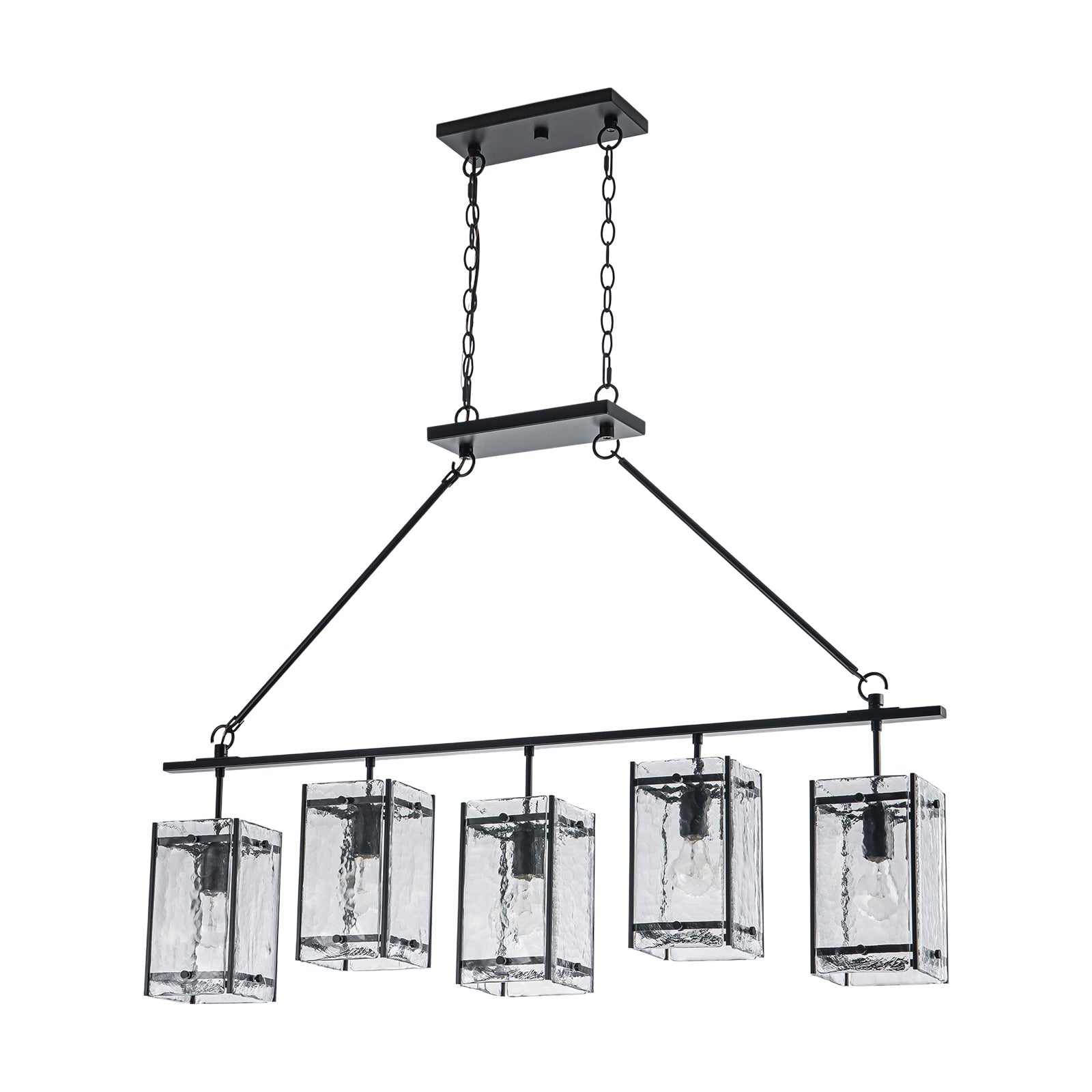 Glowlings 5-Light Modern Kitchen Island Chandelier, Matte Black Linear Pendant Light with Handblown Water Ripple Glass