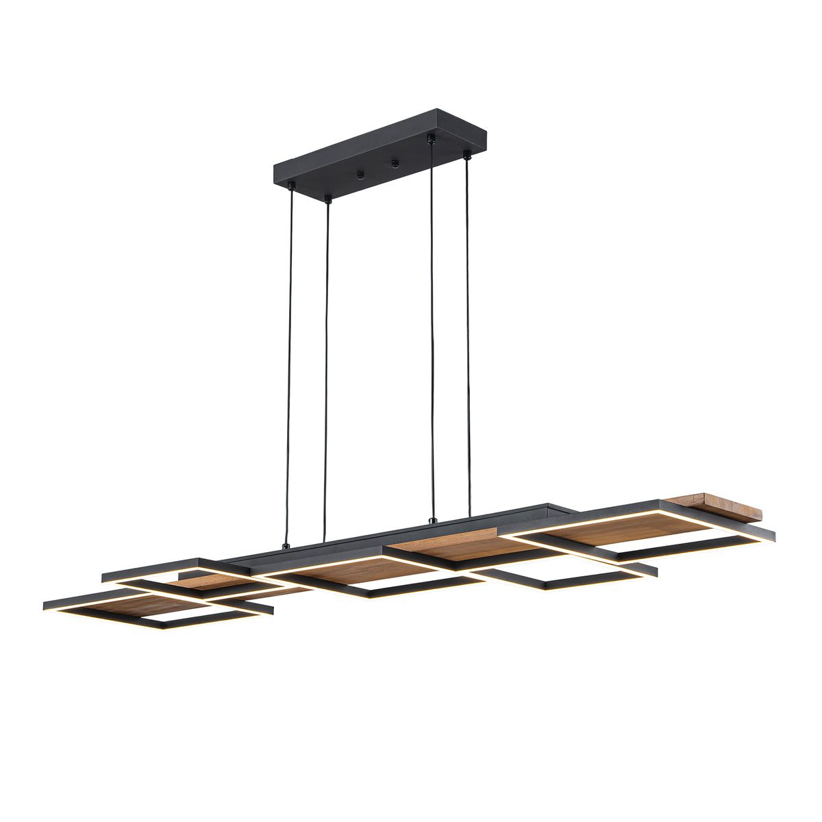Glowlings 5-Light Modern Linear LED Island Wood Pendant Light, Matte Black & Wood Grain Geometric Chandelier