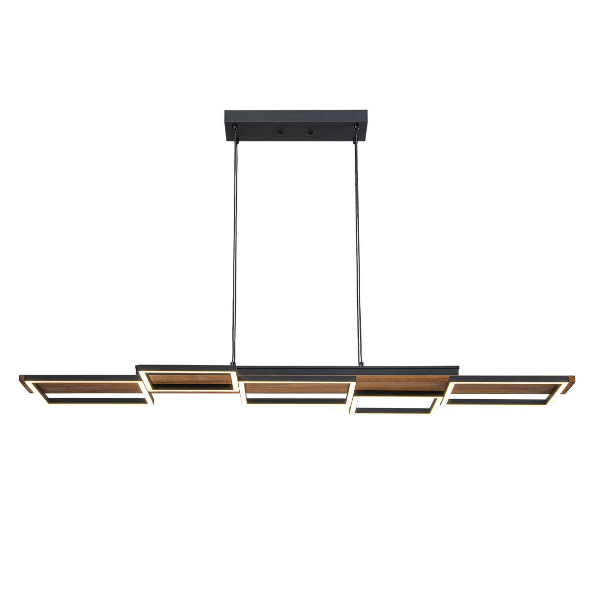 Glowlings 5-Light Modern Linear LED Island Wood Pendant Light, Matte Black & Wood Grain Geometric Chandelier