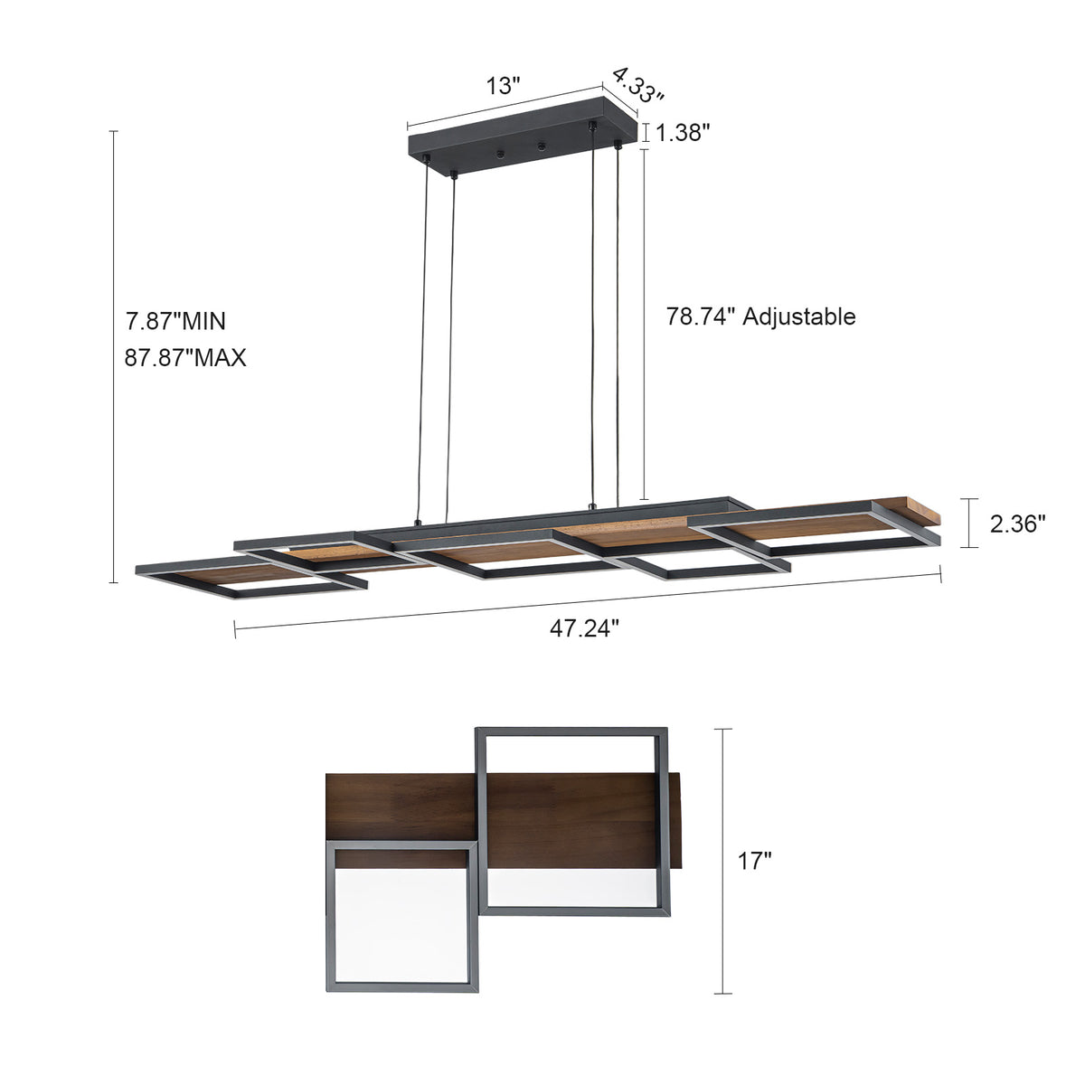 Glowlings 5-Light Modern Linear LED Island Wood Pendant Light, Matte Black & Wood Grain Geometric Chandelier
