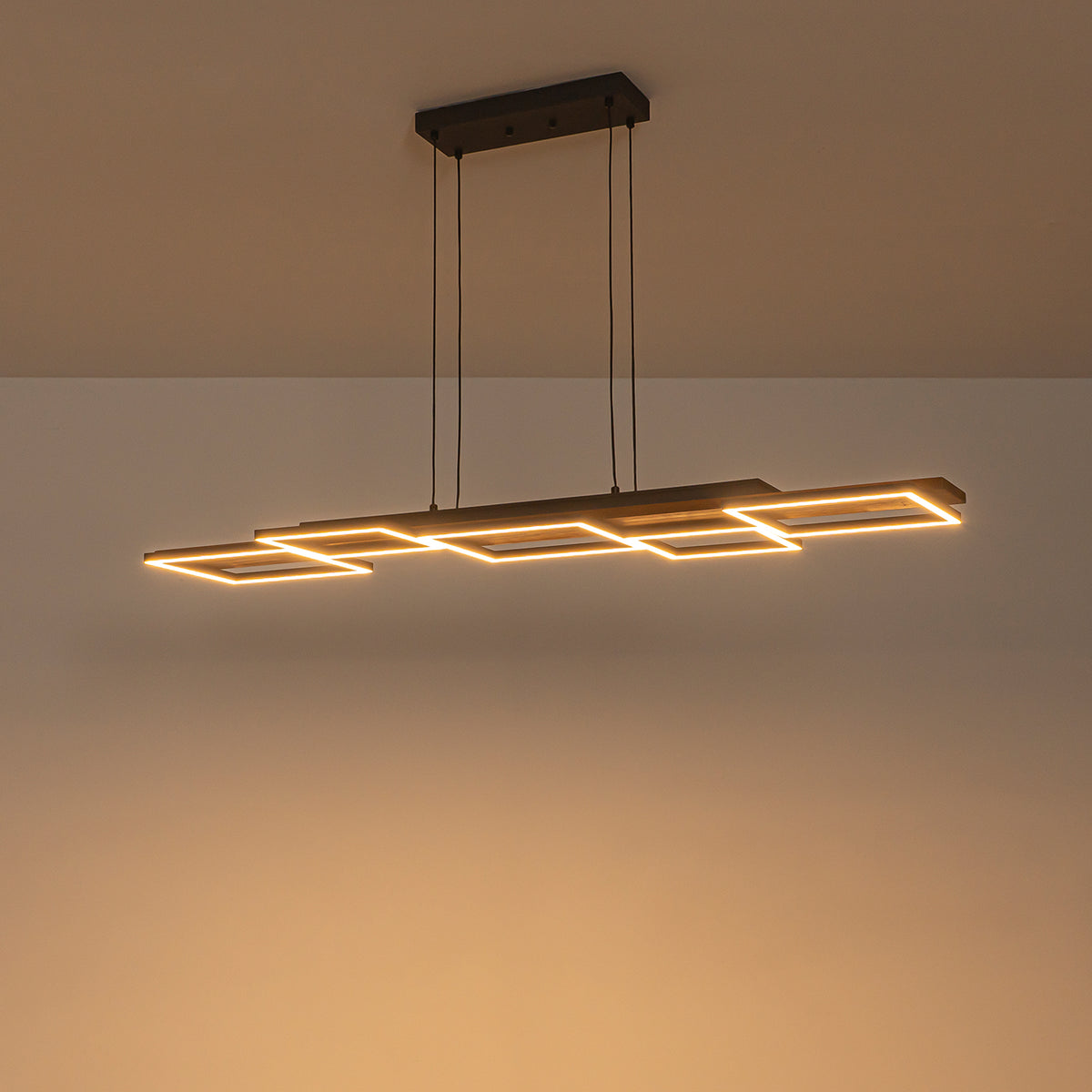 Glowlings 5-Light Modern Linear LED Island Wood Pendant Light, Matte Black & Wood Grain Geometric Chandelier