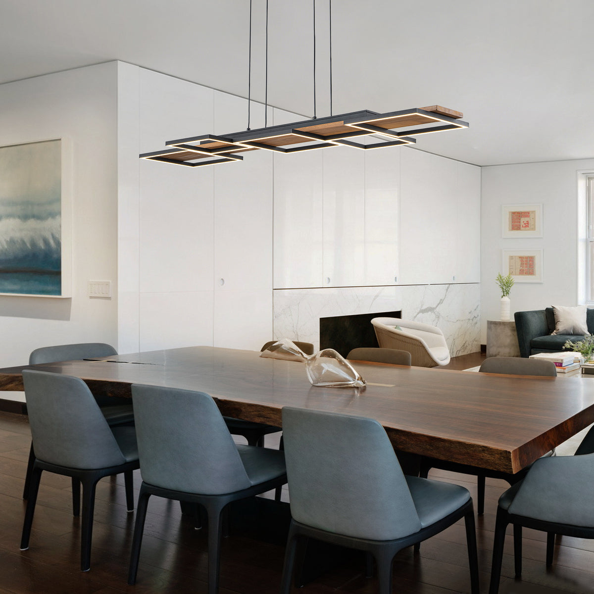 Glowlings 5-Light Modern Linear LED Island Wood Pendant Light, Matte Black & Wood Grain Geometric Chandelier