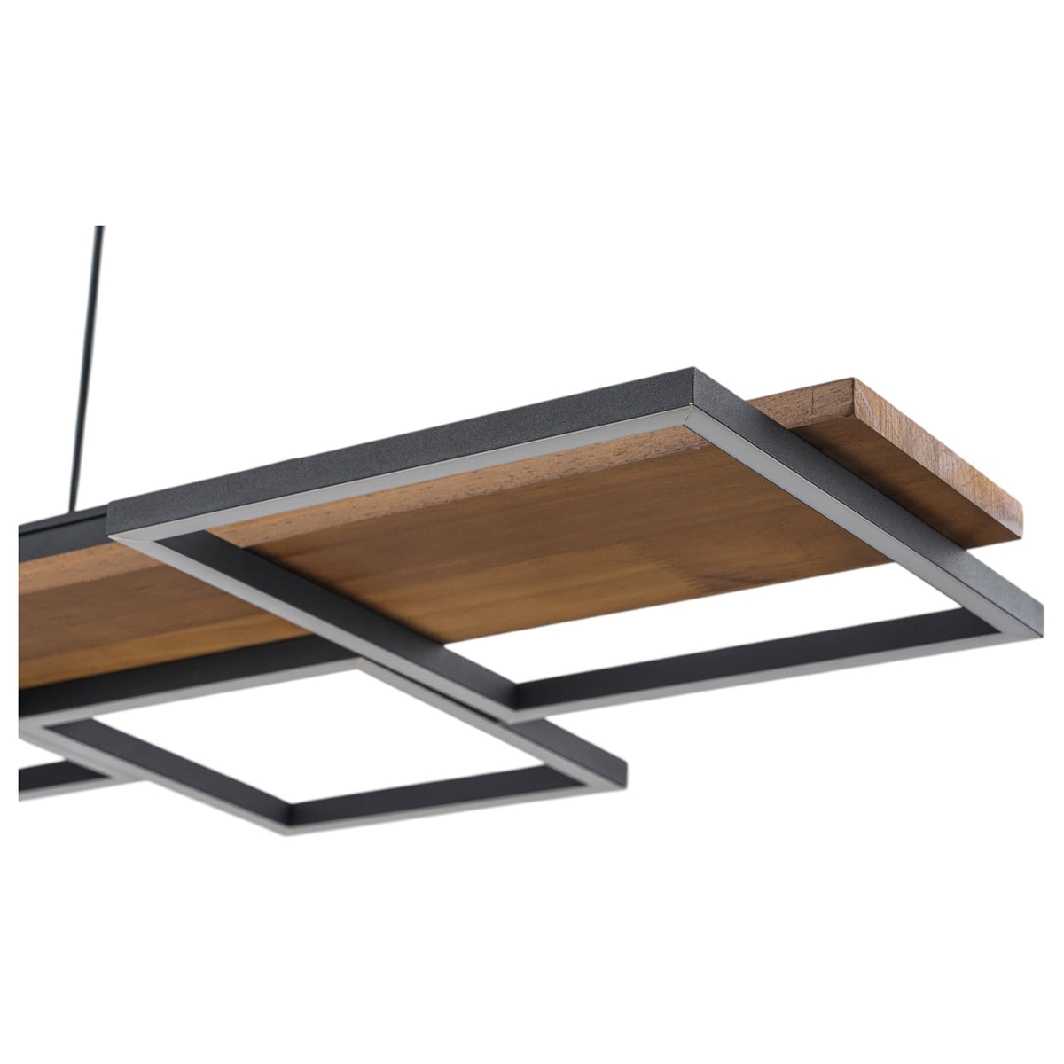 Glowlings 5-Light Modern Linear LED Island Wood Pendant Light, Matte Black & Wood Grain Geometric Chandelier