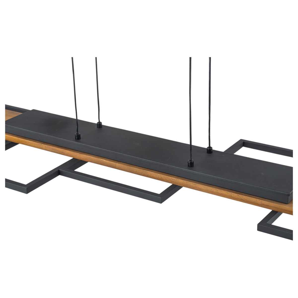 Glowlings 5-Light Modern Linear LED Island Wood Pendant Light, Matte Black & Wood Grain Geometric Chandelier