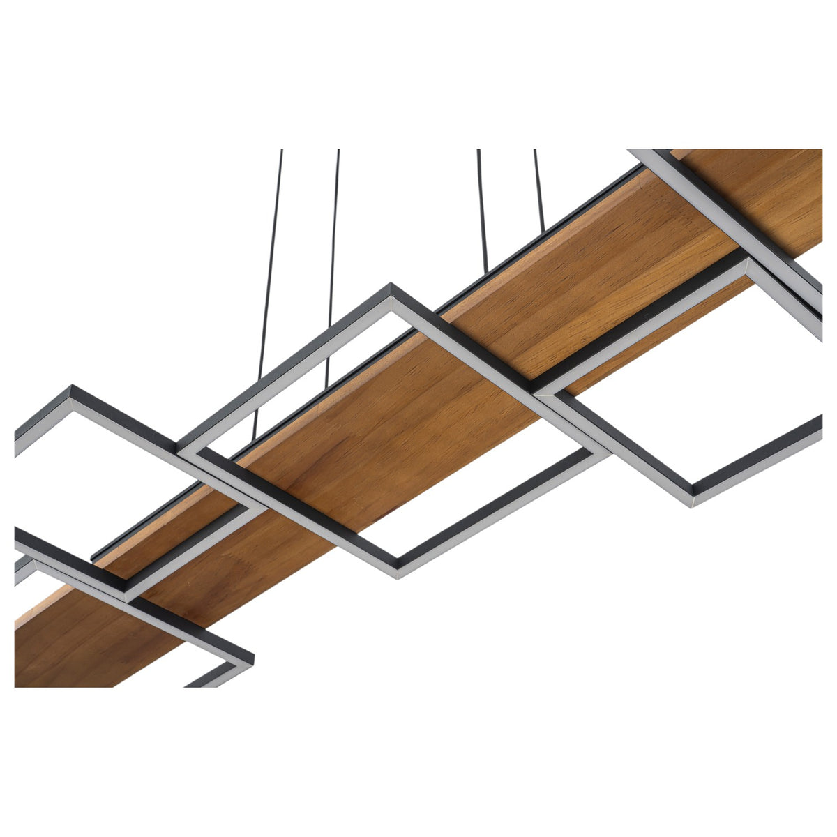 Glowlings 5-Light Modern Linear LED Island Wood Pendant Light, Matte Black & Wood Grain Geometric Chandelier