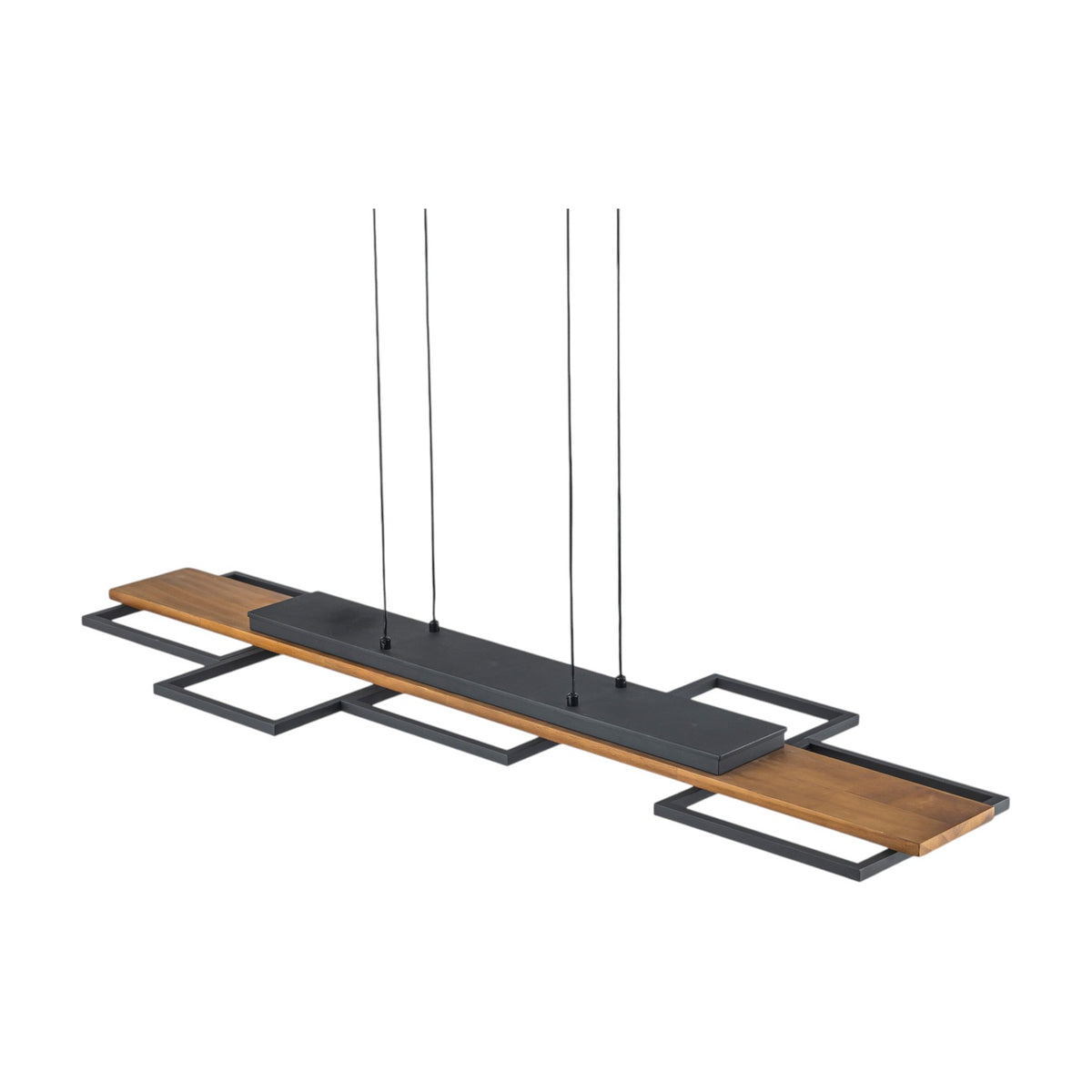 Glowlings 5-Light Modern Linear LED Island Wood Pendant Light, Matte Black & Wood Grain Geometric Chandelier