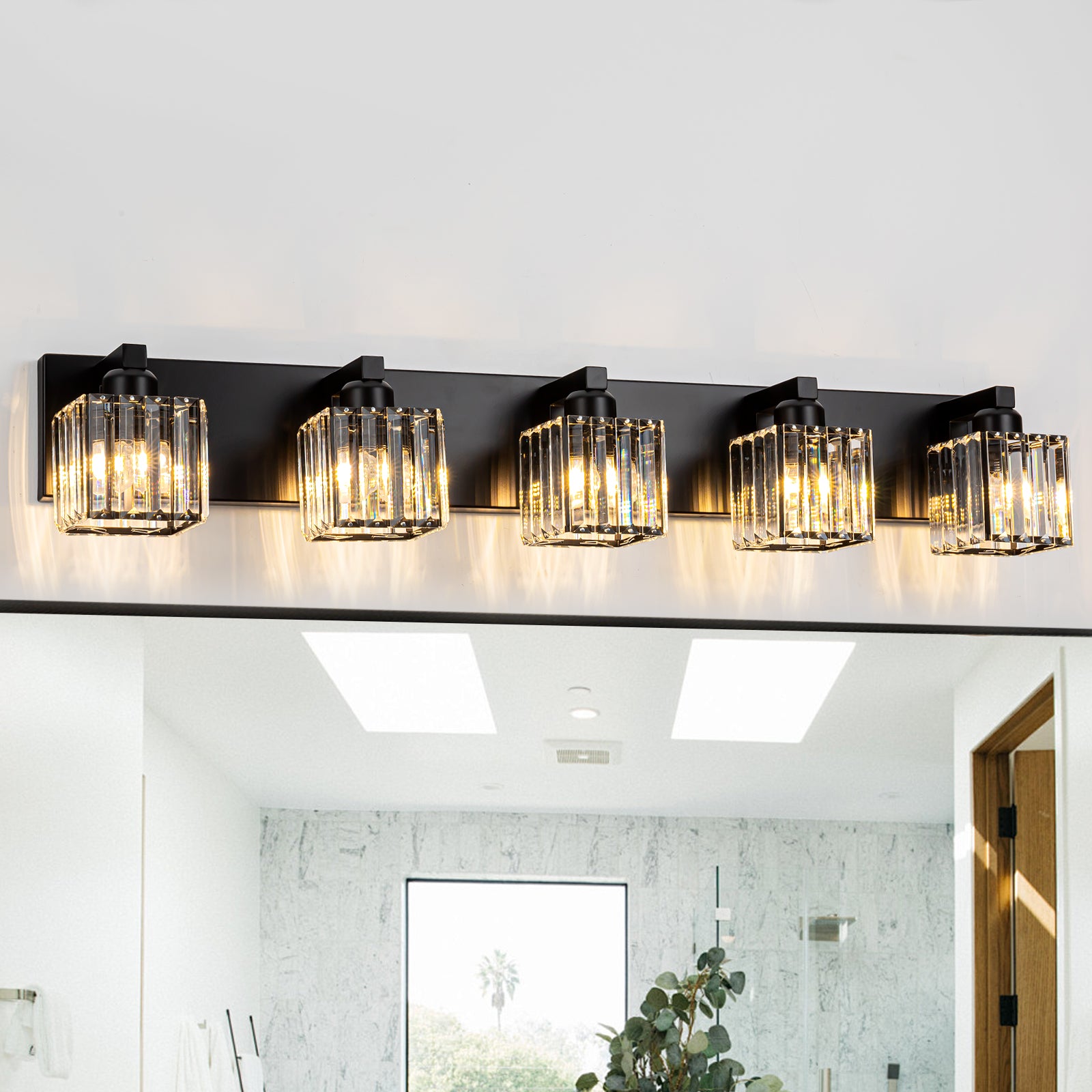 Glowlings 3/4/5-Light Modern Matte Black Square Crystal Bathroom Vanity Light Fixtures Over Mirror