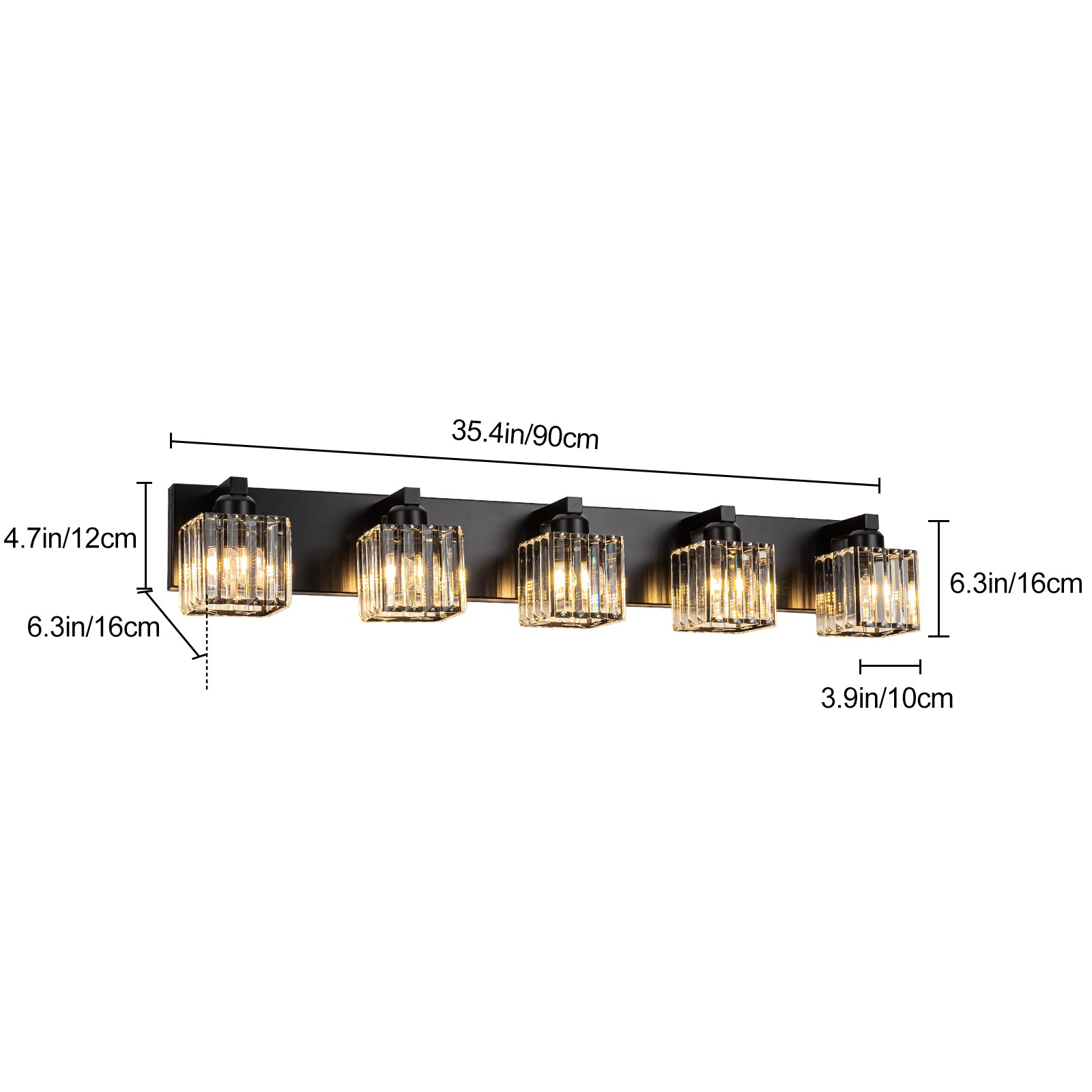 Glowlings 3/4/5-Light Modern Matte Black Square Crystal Bathroom Vanity Light Fixtures Over Mirror