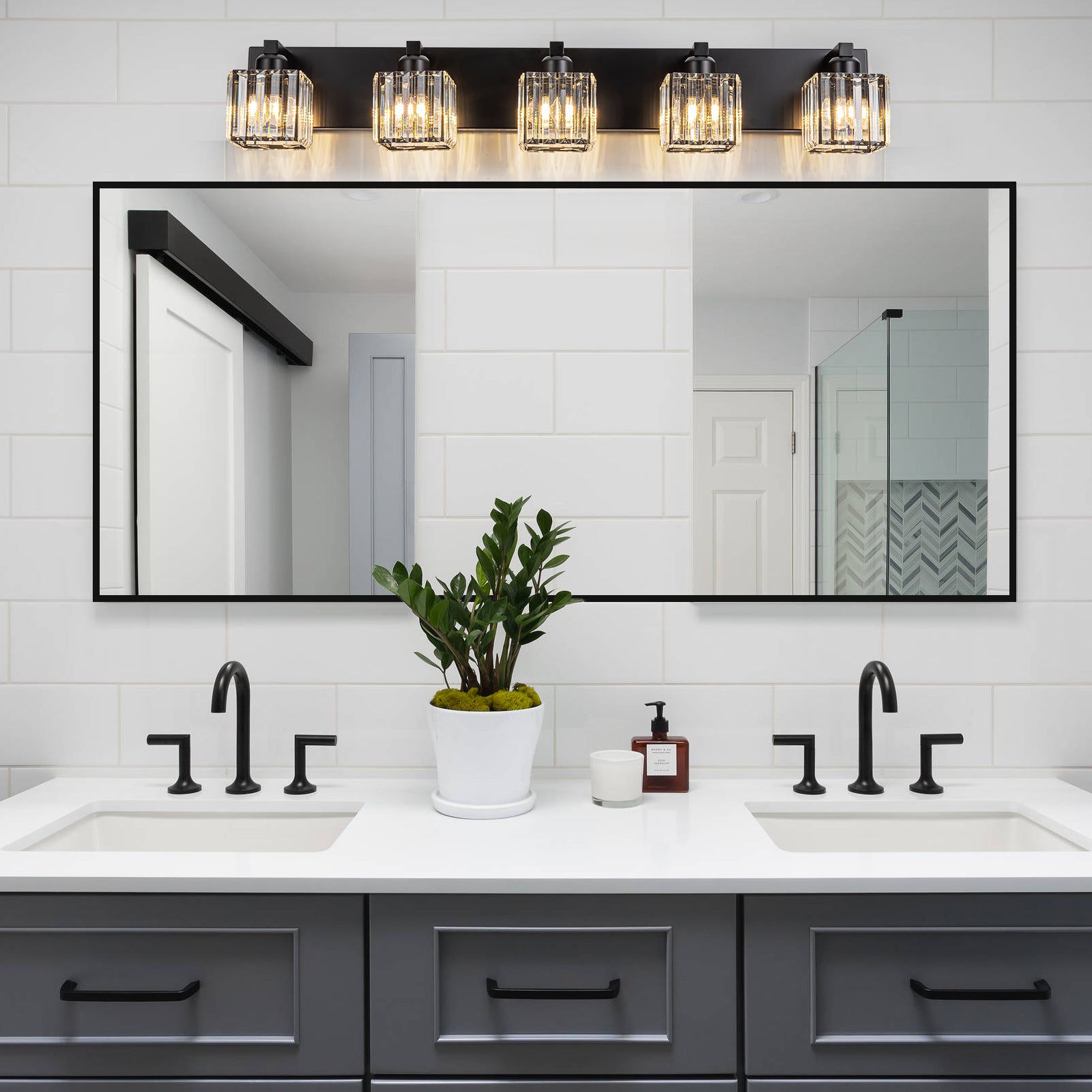 Glowlings 3/4/5-Light Modern Matte Black Square Crystal Bathroom Vanity Light Fixtures Over Mirror