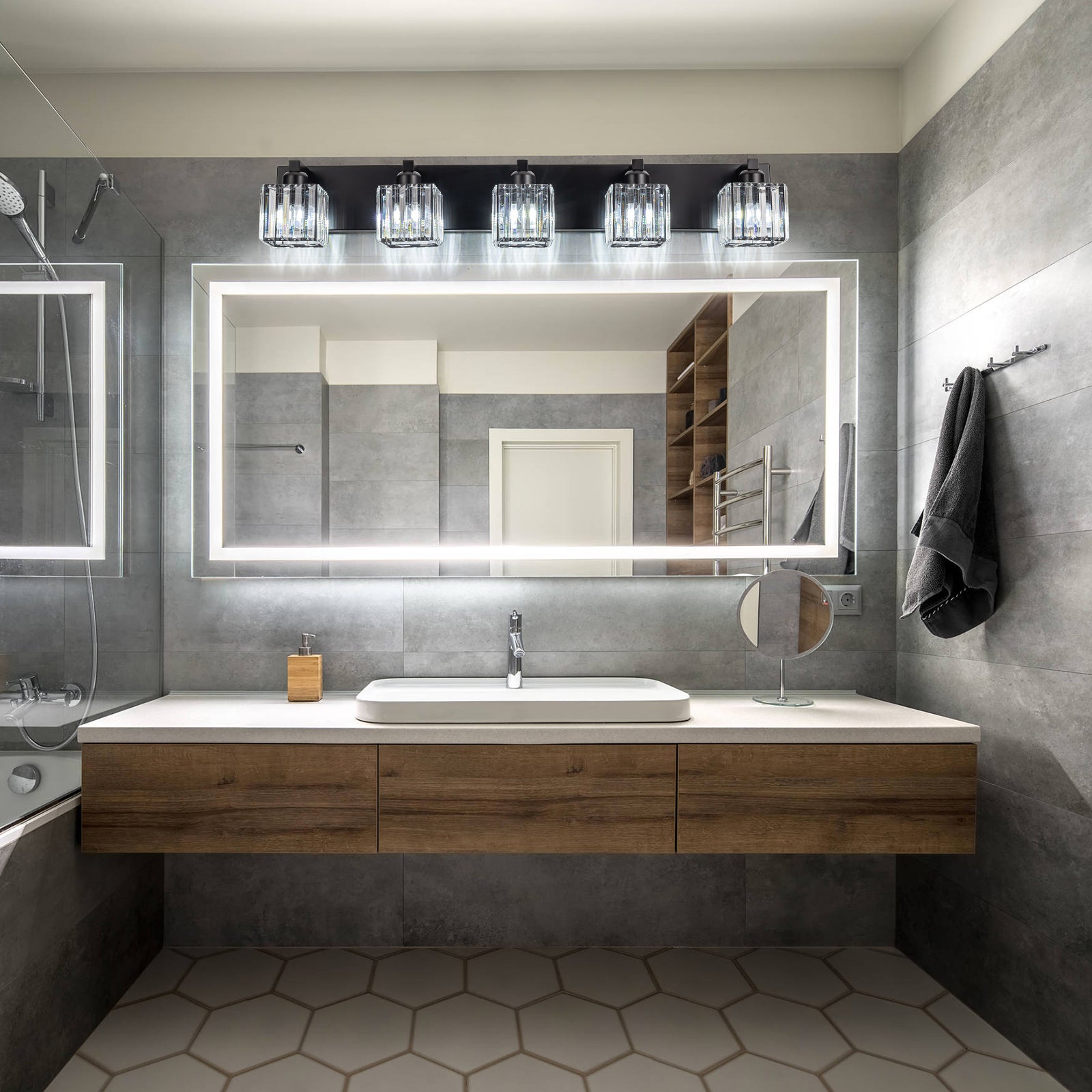 Glowlings 3/4/5-Light Modern Matte Black Square Crystal Bathroom Vanity Light Fixtures Over Mirror