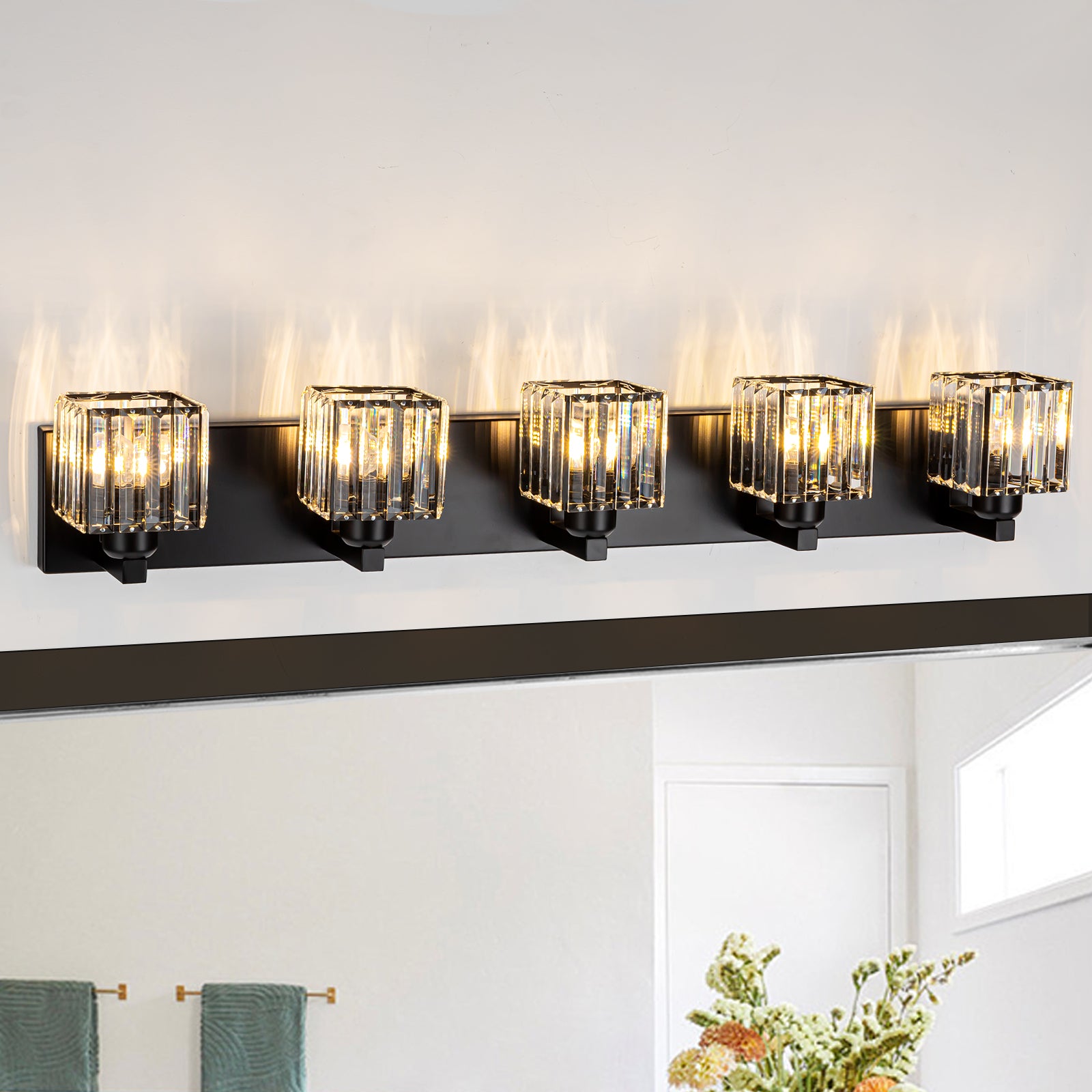 Glowlings 3/4/5-Light Modern Matte Black Square Crystal Bathroom Vanity Light Fixtures Over Mirror