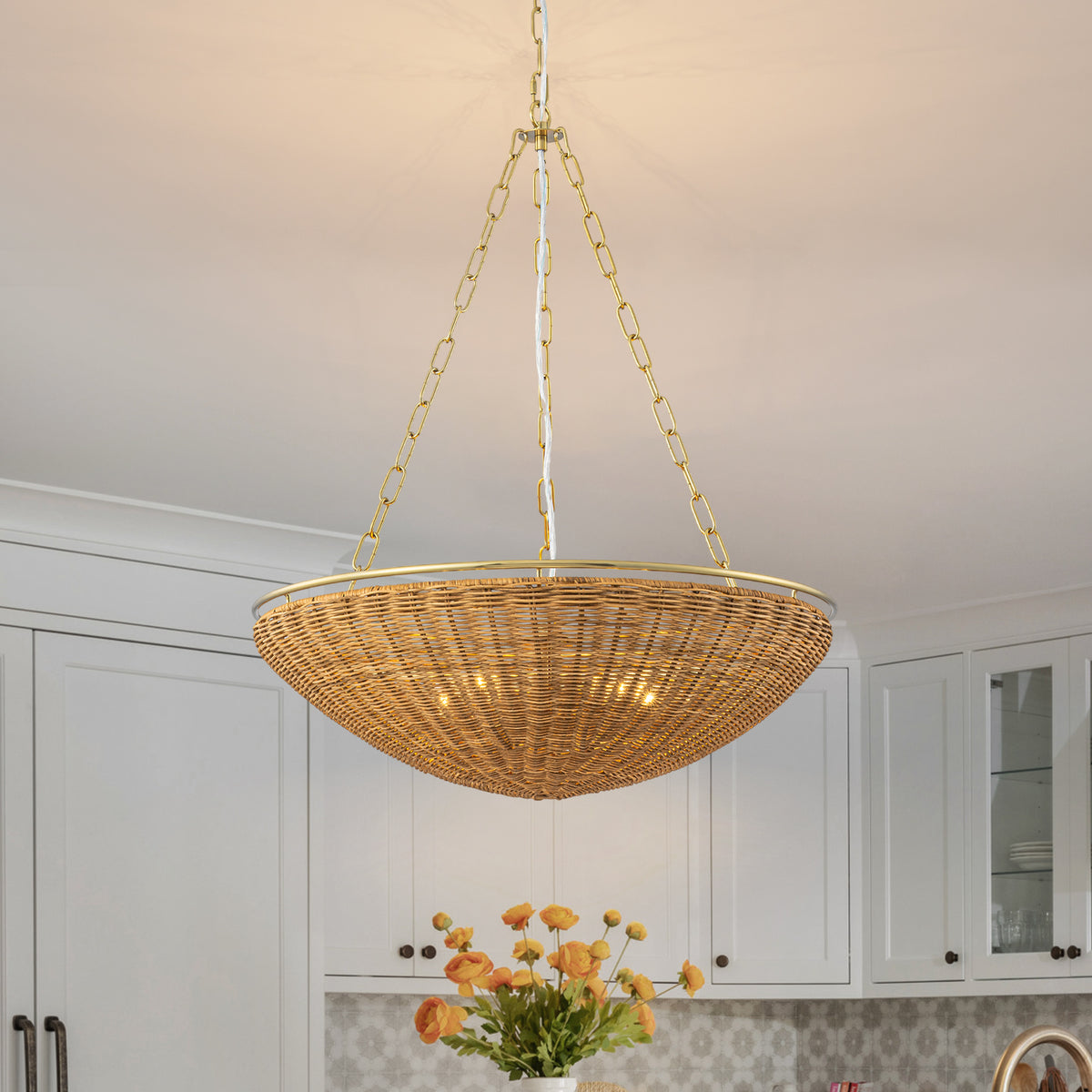 Glowlings 5-Light Modern Organic Brass Rattan Bowl Pendant Light Handwoven Wicker Chandelier