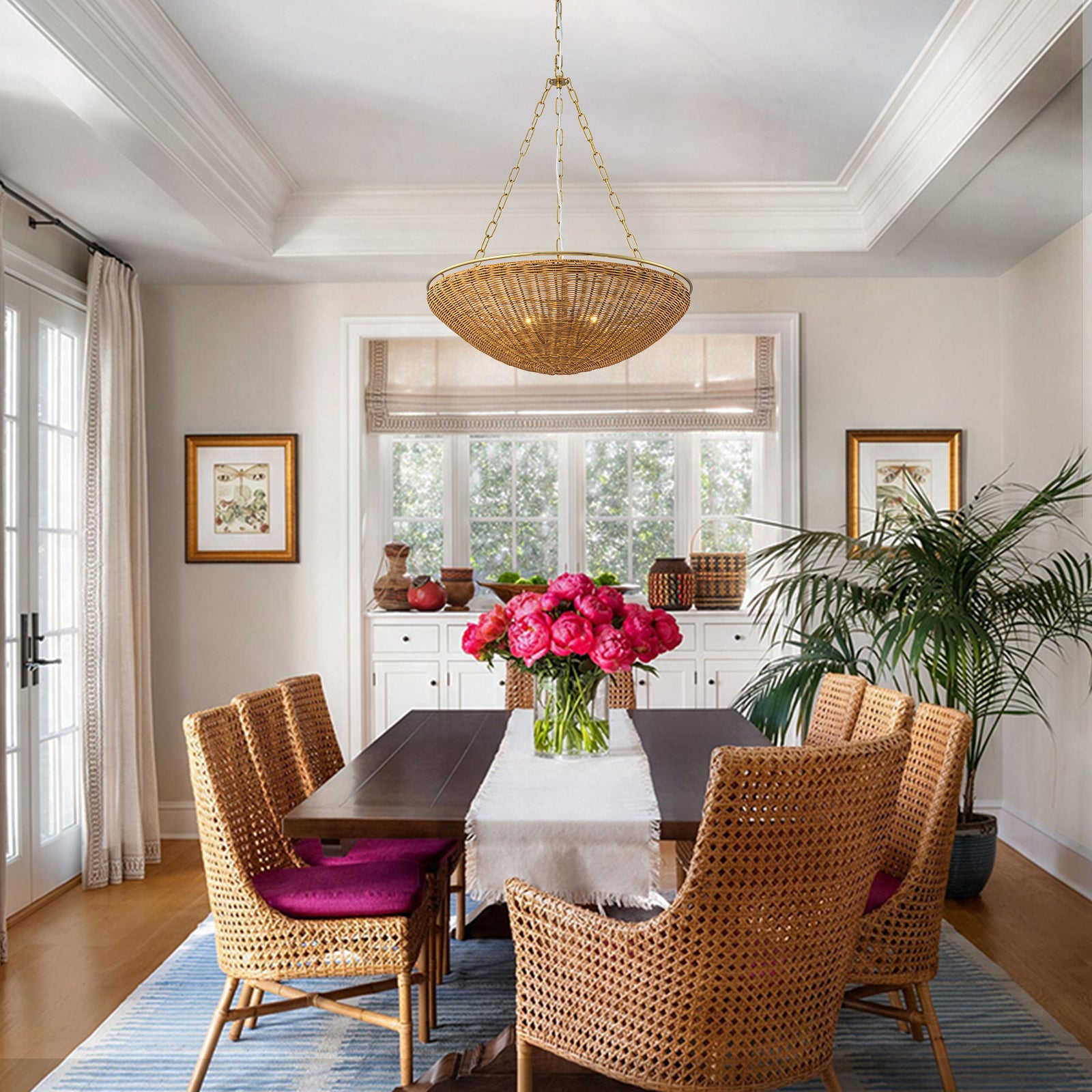 Glowlings 5-Light Modern Organic Brass Rattan Bowl Pendant Light Handwoven Wicker Chandelier