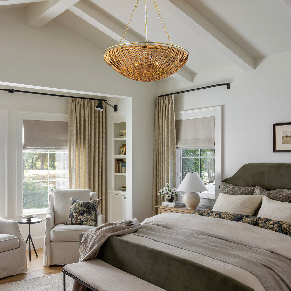 Glowlings 5-Light Modern Organic Brass Rattan Bowl Pendant Light Handwoven Wicker Chandelier