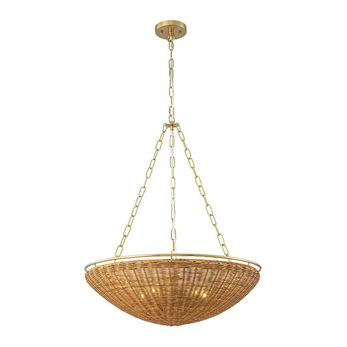 Glowlings 5-Light Modern Organic Brass Rattan Bowl Pendant Light Handwoven Wicker Chandelier