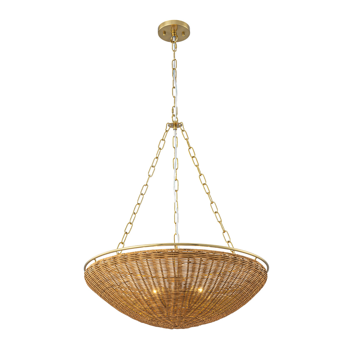 Glowlings 5-Light Modern Organic Brass Rattan Bowl Pendant Light Handwoven Wicker Chandelier
